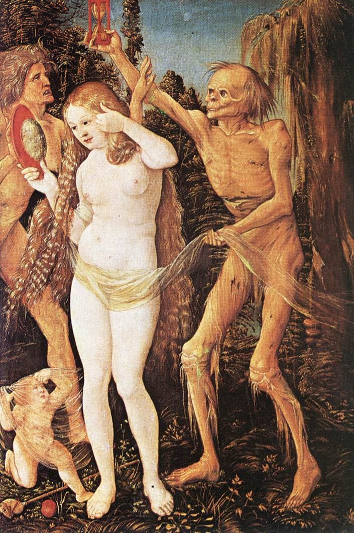Hans Baldung Grien, Trzy wieki kobiety i Śmierć, ok. 1510 - dziecko, młoda kobieta i staruszka oraz postać Śmierci z klepsydrą odmierzającą czas