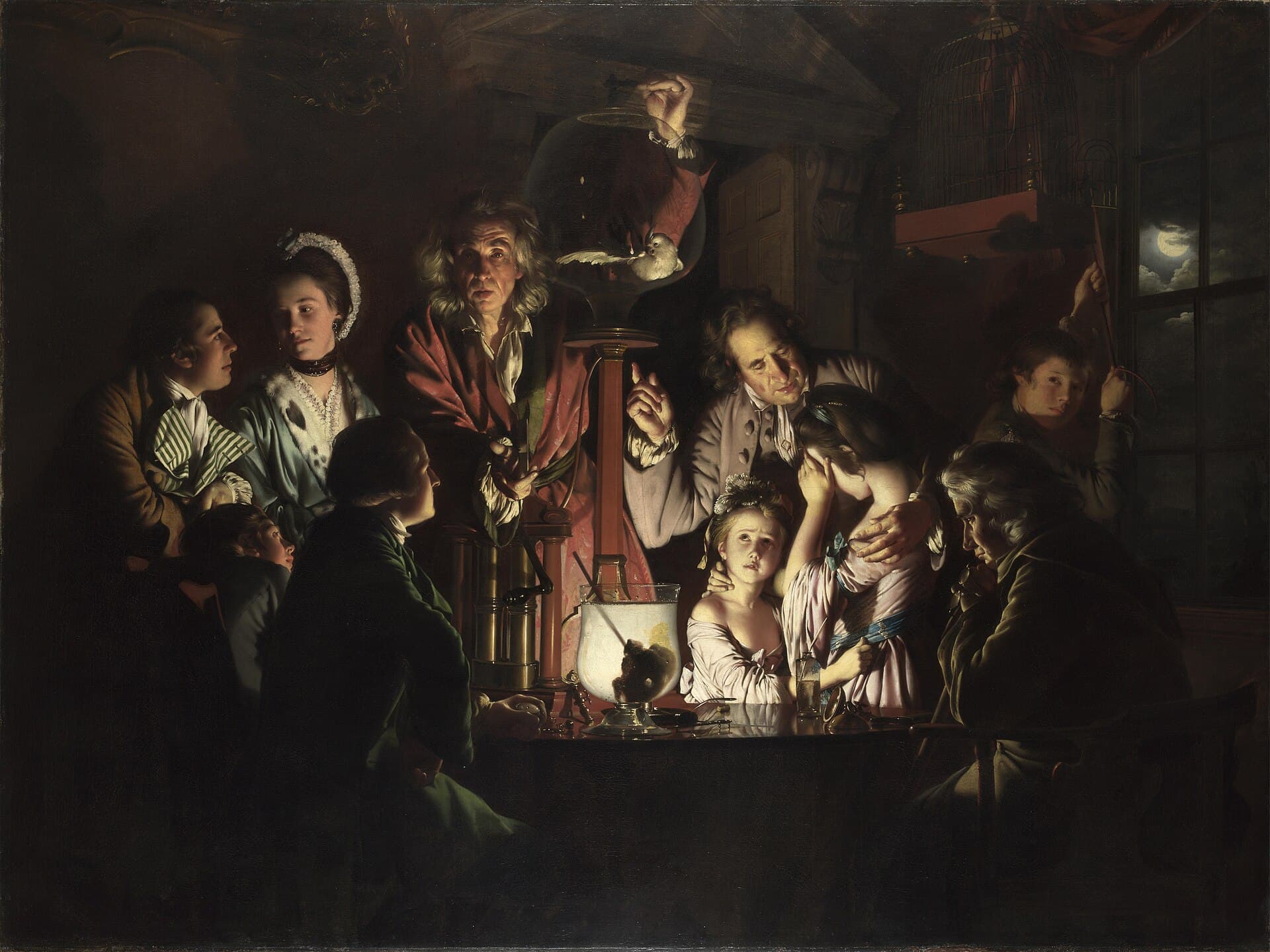 Joseph Wright of Derby, Eksperyment na ptaku w pompie próżniowej, 1768 — nocne wnętrze oświetlone jednym płomieniem ukrytym za szklanym słojem na stole. Pośrodku stoi uczony o długich siwych włosach w szkarłatnej szacie, z ręką na zaworze u szczytu wielkiej szklanej kuli, i patrzy wprost na widza; przy oknie z prawej chłopiec opuszcza na sznurze pustą klatkę, a za szybą świeci pełnia.