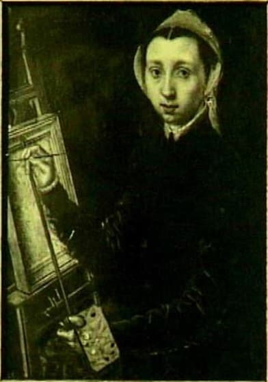 Catharina van Hemessen, Autoportret przy sztaludze (1548) - malarka przy sztaludze odwraca wzrok ku widzowi, patrząc wprost na nas