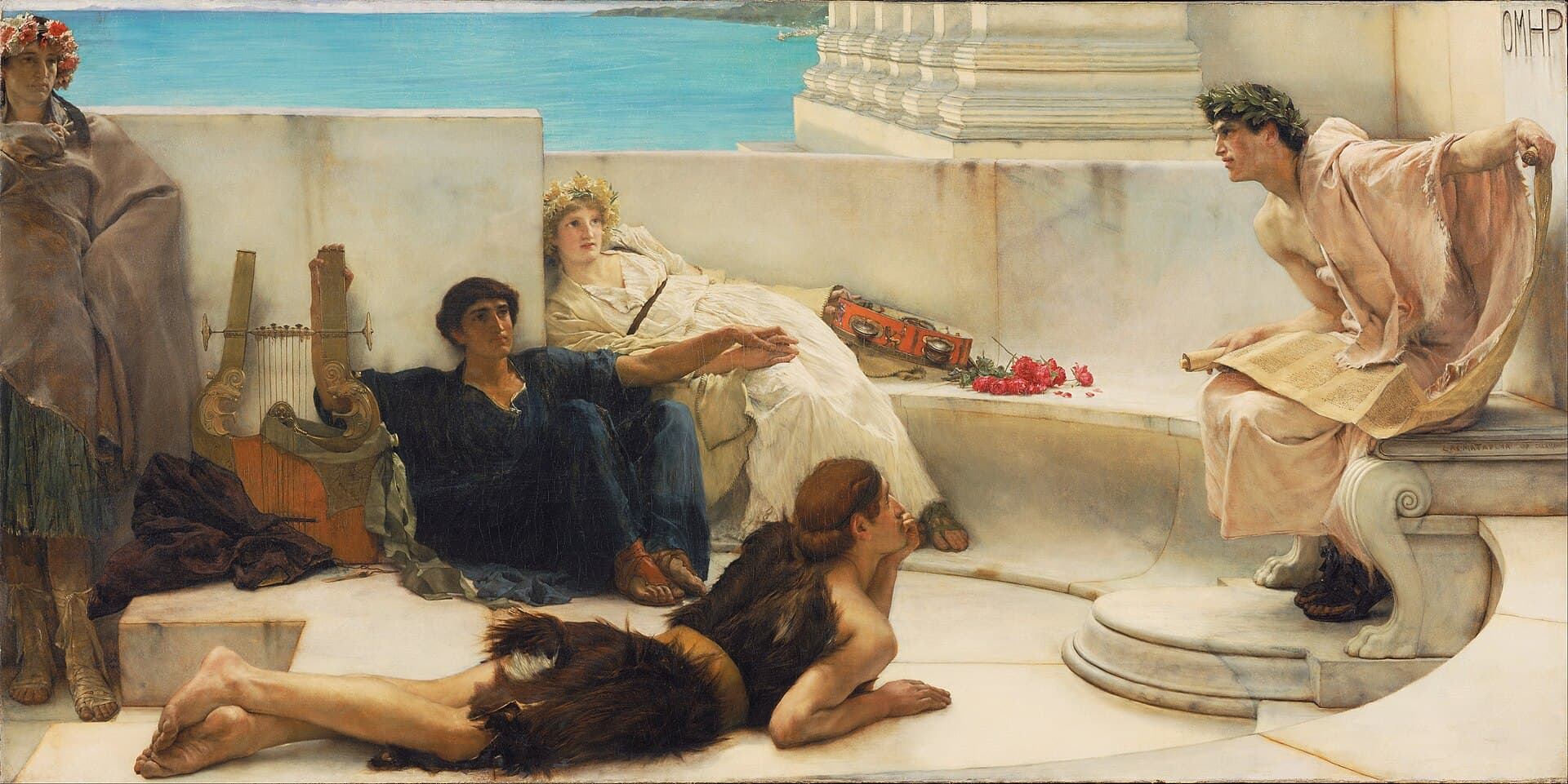 Lawrence Alma-Tadema, Czytanie z Homera 1885, Philadelphia Museum of Art — na marmurowym tarasie nad morzem młody mężczyzna ze zwojem recytuje, a kilkoro słuchaczy spoczywa wokół w różnych pozach: jeden wsparty na ręce zasłuchany, inny zapatrzony w dal, kolejny wyciągnięty z głową odchyloną; uwaga skupia się na reakcjach słuchających, nie na samym czytającym
