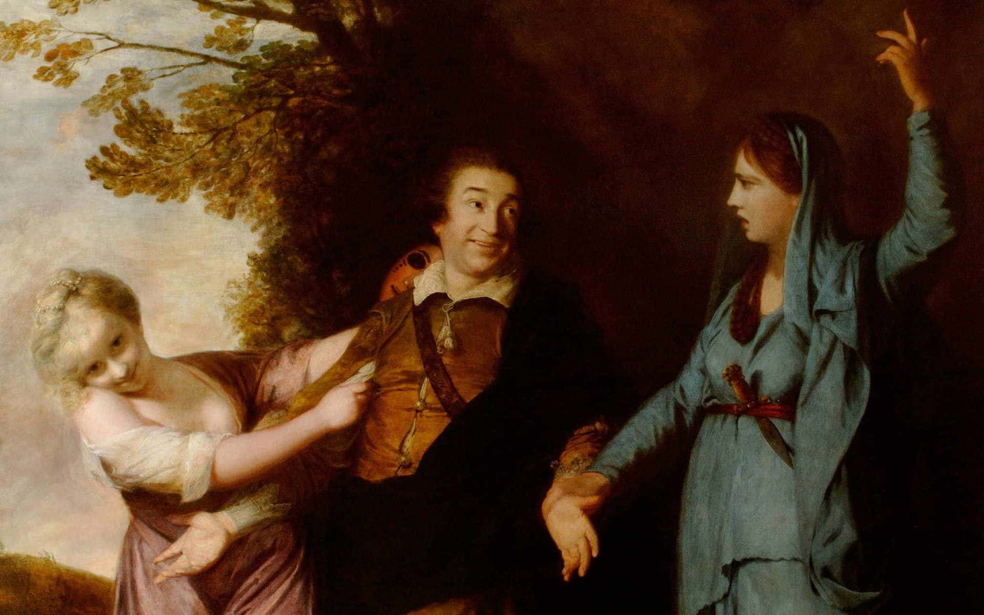 Joshua Reynolds, David Garrick między Tragedią a Komedią (1761) - aktor rozdarty między dwiema muzami ciągnącymi go w przeciwne strony