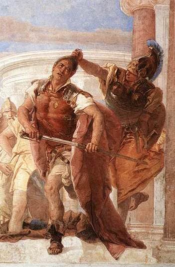 Giovanni Battista Tiepolo, Gniew Achillesa, 1757 — pionowy wycinek fresku w jasnych, rozbielonych barwach, z malowaną białą niszą i różową kolumną w tle. Wojownik w brązowej zbroi i czerwonej tunice stoi rozkroczony, skręcony w pasie, z długim czerwonym płaszczem spływającym aż na dół kadru; z prawej góry wpada ku niemu postać w hełmie, do połowy zawieszona w powietrzu, a przy lewej krawędzi widać uciętą ramą sylwetkę żołnierza z tarczą.