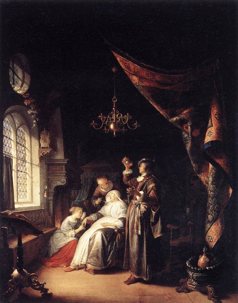 Luke Fildes, Lekarz, 1891, Tate Britain w Londynie — półmroczne wnętrze ubogiej chaty; brodaty lekarz w ciemnym ubraniu siedzi na krześle, pochyla się do przodu i wsparłszy brodę na dłoni, patrzy na dziecko śpiące na posłaniu sklejonym z dwóch przysuniętych krzeseł; obok stół z lampą naftową, filiżanką i buteleczką, w głębi po prawej matka opuściła głowę na złożone ręce, ojciec stoi za nią z dłonią na jej ramieniu, a przez okno wpada pierwsze światło dnia