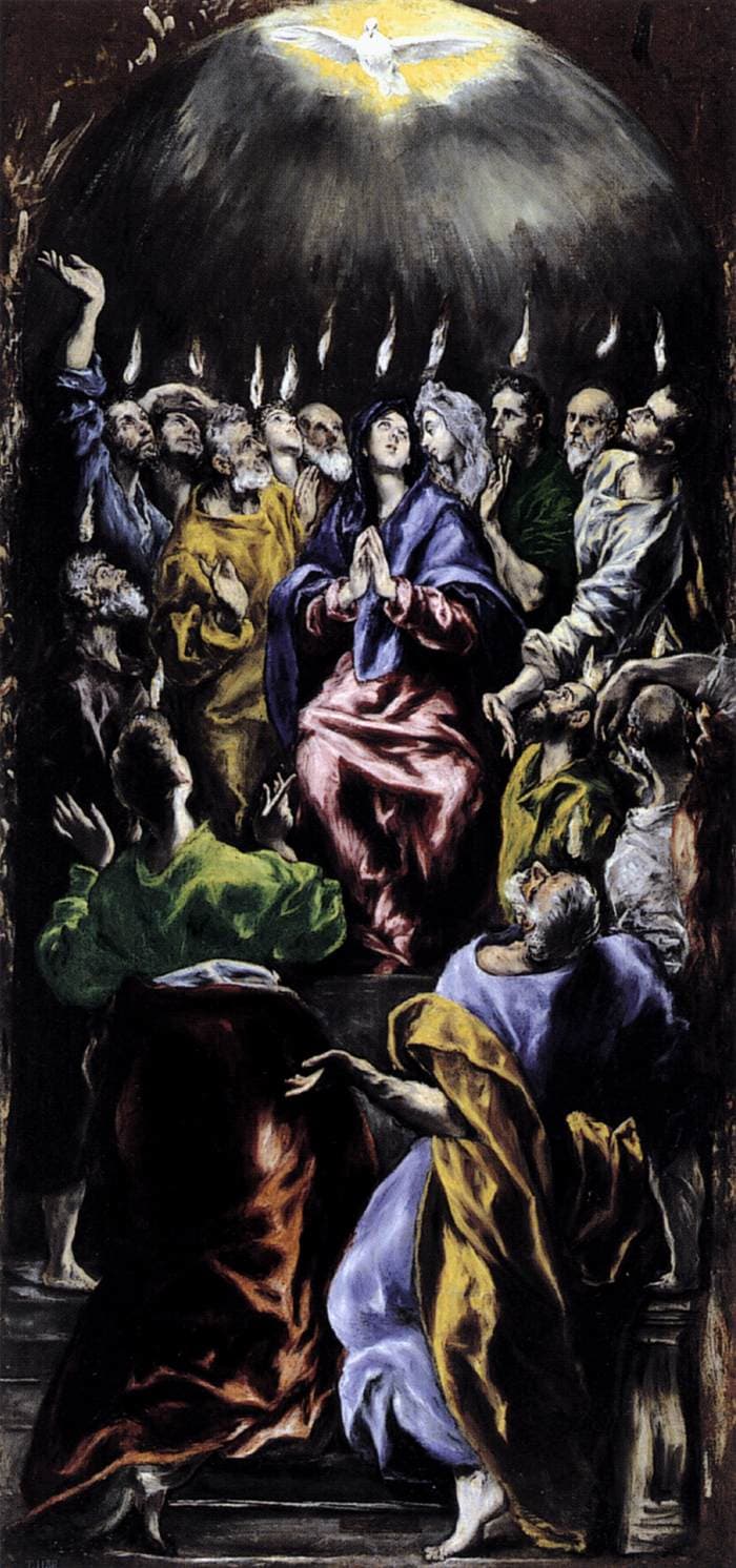 El Greco, Zesłanie Ducha Świętego, ok. 1600 — wysokie, ciemne płótno; u góry biała gołębica w żółtym blasku pod czarną kopułą, niżej rząd wąskich płomyków zawieszonych osobno nad każdą głową, pośrodku kobieta w niebieskim płaszczu i różowej szacie ze złożonymi dłońmi, wokół niej kilkanaście postaci z twarzami zadartymi w górę i uniesionymi rękami, na pierwszym planie dwie sylwetki odwrócone plecami, w zielonej i w fioletowo-żółtej draperii