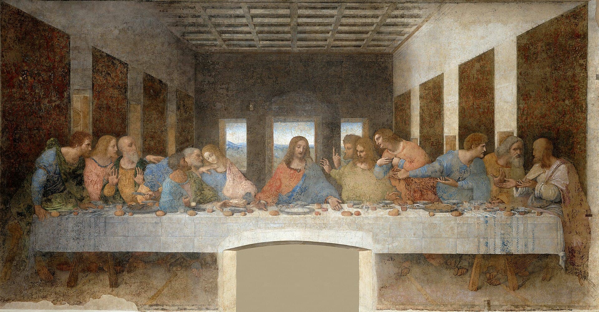 Leonardo da Vinci, Ostatnia Wieczerza 1495-98, Santa Maria delle Grazie — dwunastu apostołów reaguje na jedno zdanie, ekspozycja postaci bez ani słowa dialogu