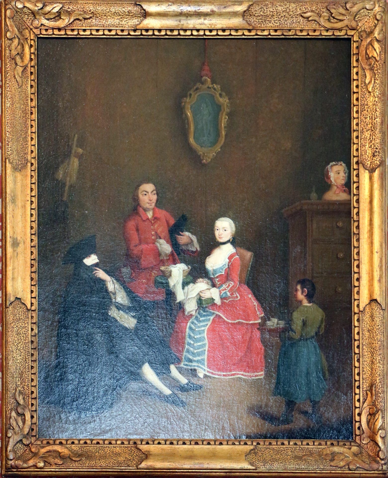 Pietro Longhi, Wizyta w masce (XVIII w.) - weneckie postaci z twarzami skrytymi pod białymi maskami bauta, powierzchnia niezdradzająca uczuć