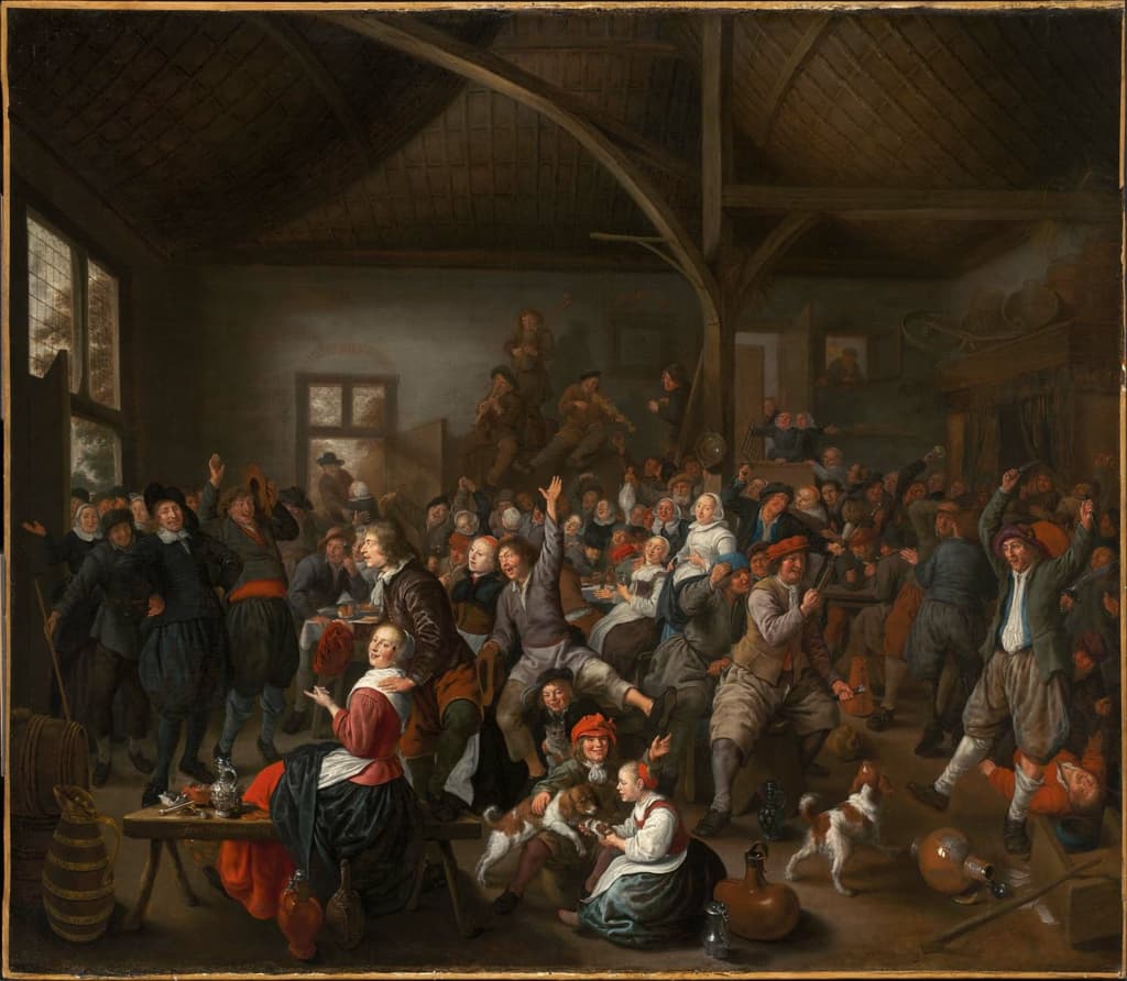 Jan Miense Molenaer, Hulający chłopi, połowa XVII wieku, olej - gwarne wnętrze karczmy pełne chłopów, którzy piją, gestykulują i mówią jeden przez drugiego; otwarte usta i ręce w ruchu układają się w jeden zgiełk rozmów