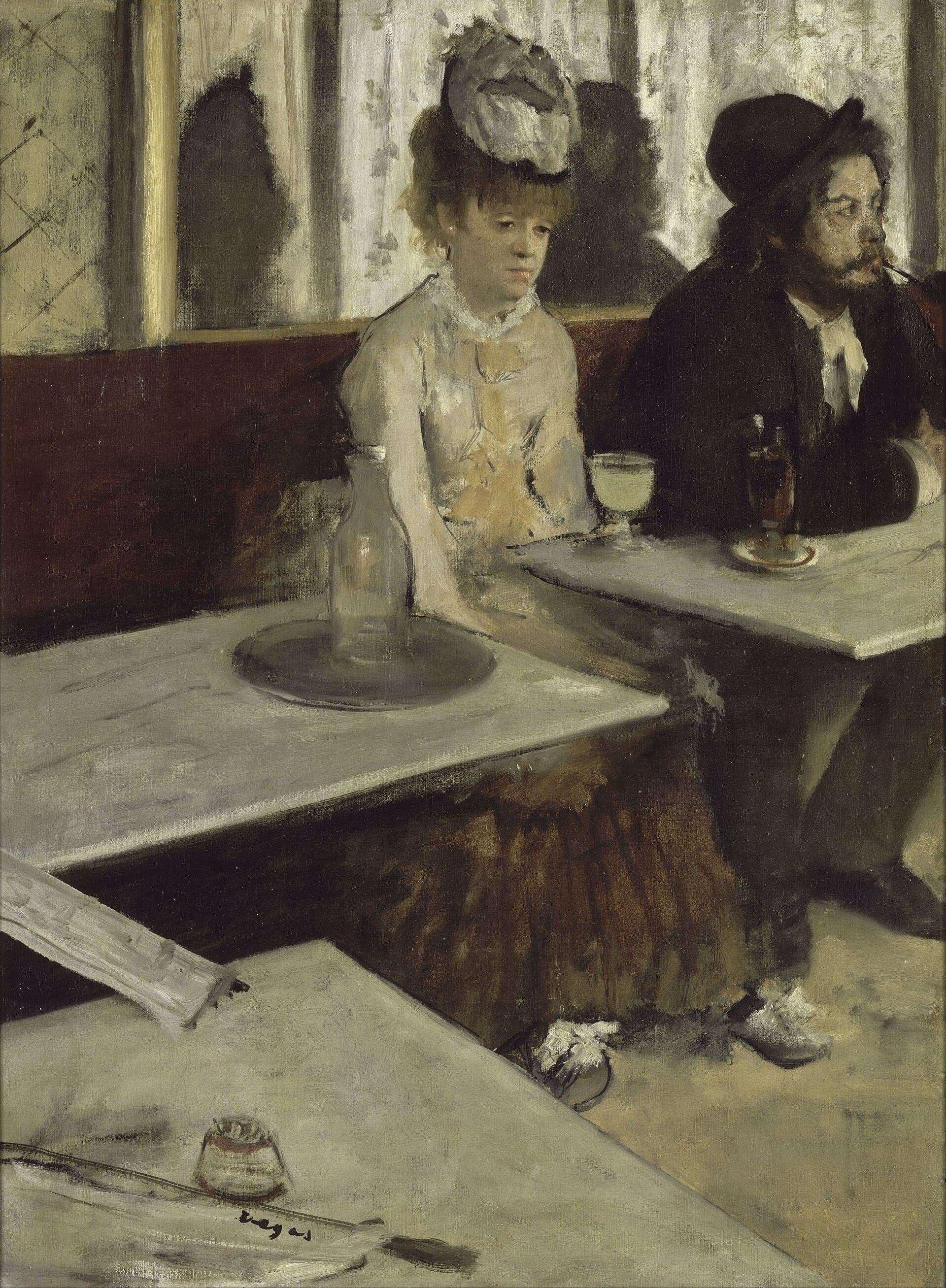 Edgar Degas, Absynt (Dans un café), 1876, olej na płótnie - w paryskiej kawiarni przy marmurowym stoliku siedzą obok siebie kobieta i mężczyzna; ona ze zwieszonymi ramionami wpatruje się pusto w dół, przed nią kieliszek absyntu, on w kapeluszu patrzy w bok, poza kadr - mimo fizycznej bliskości każde tkwi w osobnym świecie, bez kontaktu