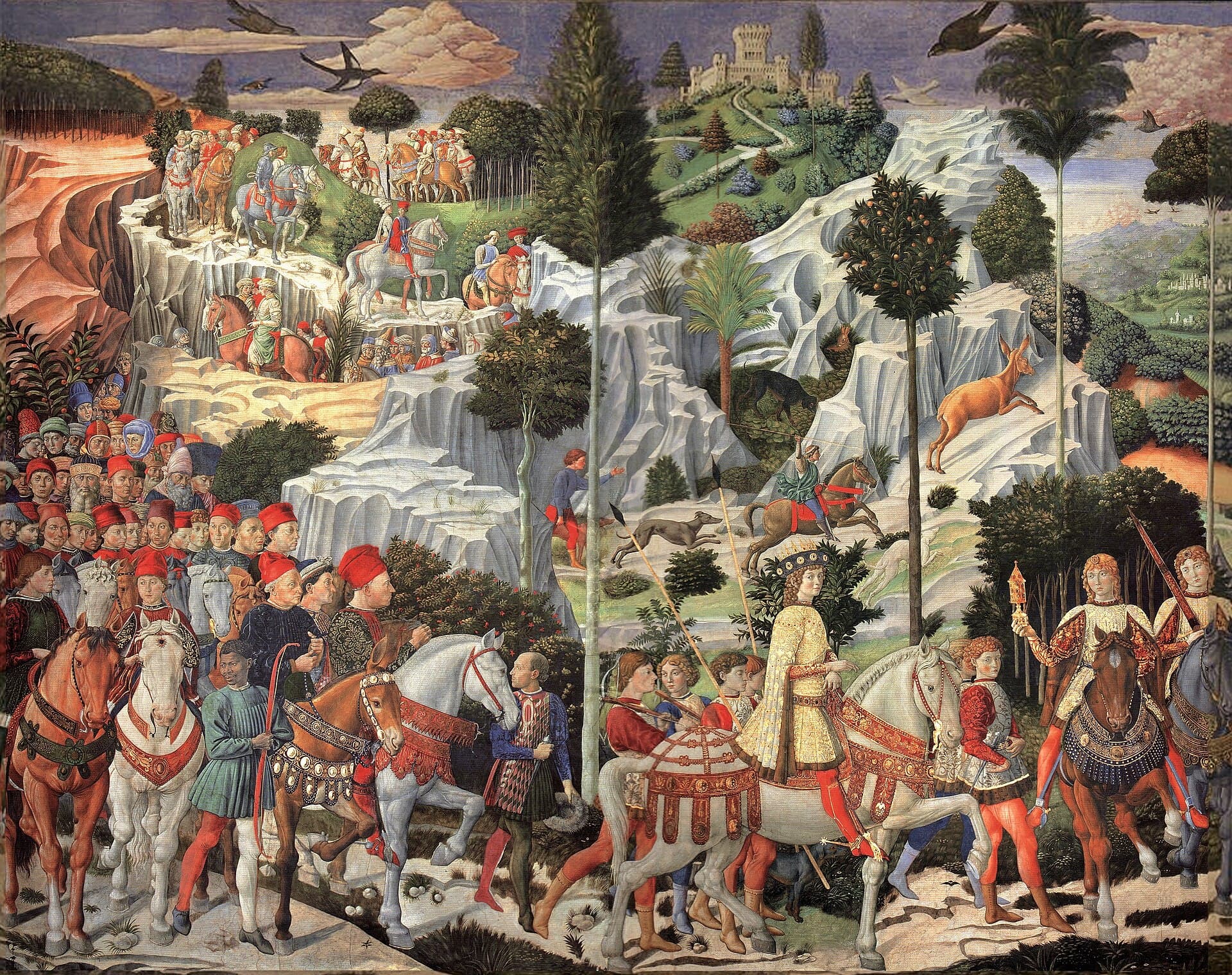 Benozzo Gozzoli, Pochód Trzech Króli (1459), Kaplica Trzech Króli w Palazzo Medici Riccardi — długi, wspaniały orszak jeźdźców w przepysznych szatach, koni i psów gończych wije się jedną ciągłą wstęgą przez pagórkowaty krajobraz ku horyzontowi