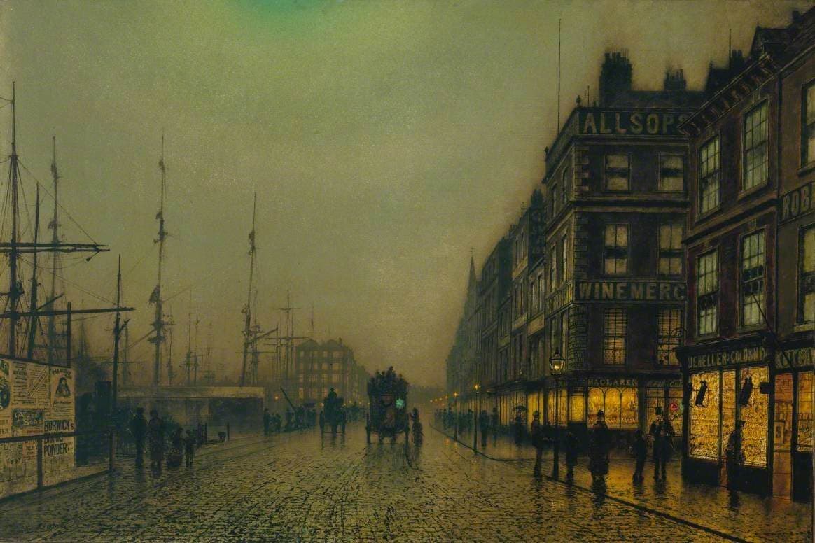 John Atkinson Grimshaw, Nabrzeże Liverpoolu w świetle księżyca (1887, Tate) — szeroki nocny widok portowej ulicy, utrzymany niemal w jednej barwie, oliwkowozłotej, w której mgła rozmywa maszty statków i dalsze kamienice. Ludzie i pojazdy są tu drobnymi ciemnymi sylwetkami, a każde światło ma swoje odbicie na mokrym bruku.