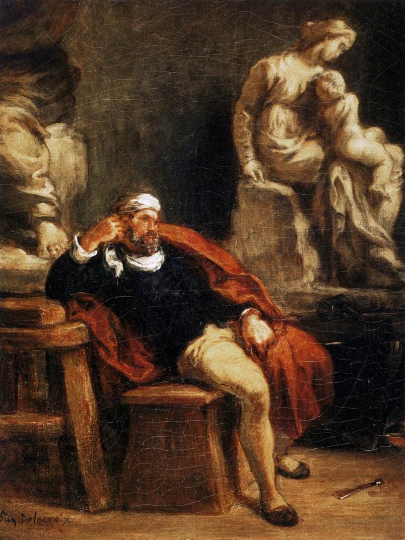 Eugène Delacroix, Michał Anioł w pracowni (ok. 1850, Musée Fabre w Montpellier) — brodaty mężczyzna w białej chuście na głowie, czarnym kaftanie i luźno zarzuconym czerwonym płaszczu siedzi na niskim bloku, podpierając głowę dłonią i patrząc w bok. Za nim majaczy w półmroku marmurowa grupa siedzącej kobiety z dzieckiem, z lewej stoi bryła ledwie napoczęta, a na podłodze przy jego stopie leży dłuto.
