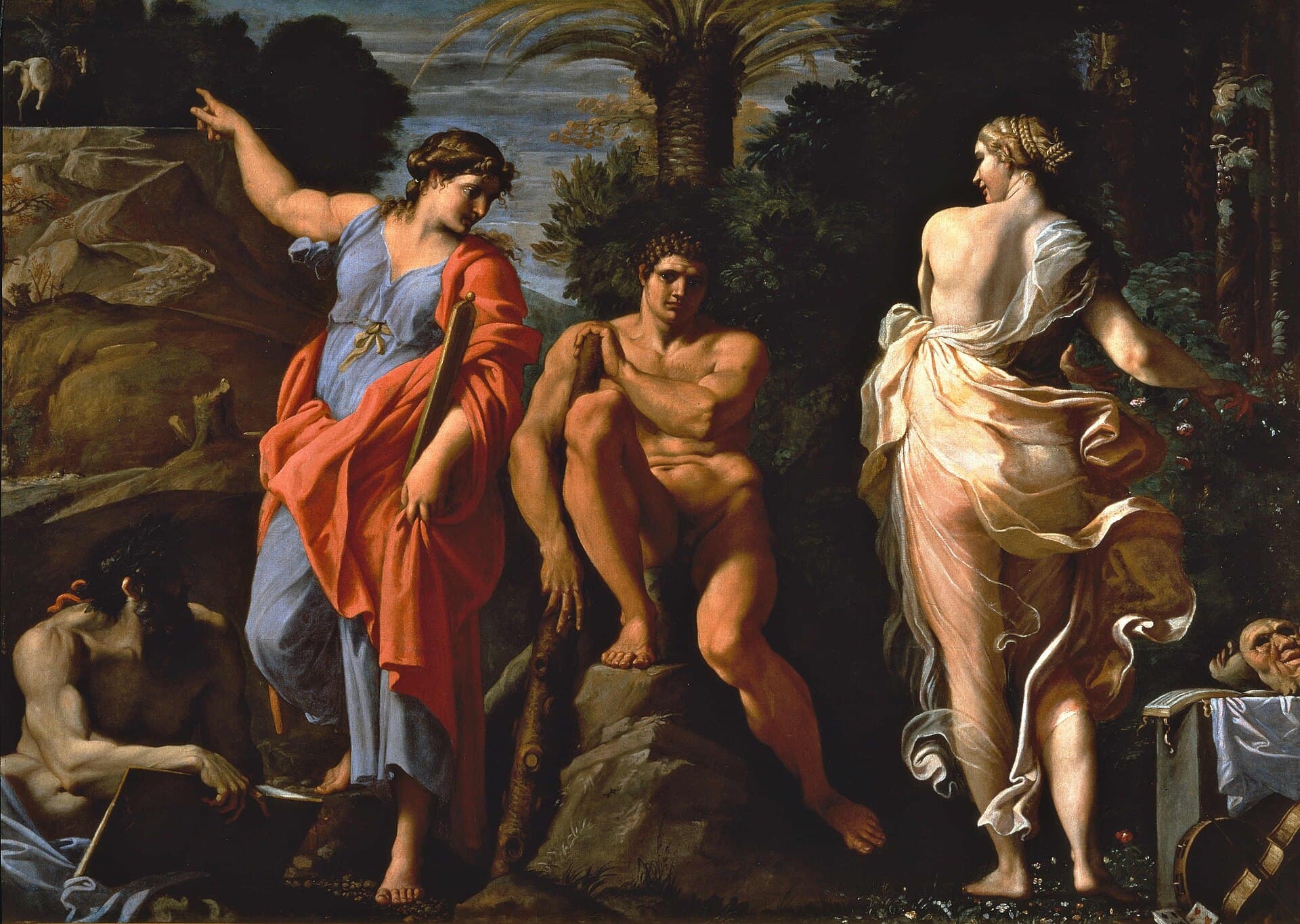 Peter Paul Rubens, Sąd Parysa (ok. 1632–1635) — po prawej młody pasterz w niebieskiej przepasce siedzi na futrze, opiera się o pasterski kij i unosi małe złote jabłko ku stojącemu za nim Hermesowi w skrzydlatym kapeluszu. Po lewej, w cieniu drzew, stoją trzy nagie kobiety, u stóp pasterza leży duży pies, a w głębi, na słonecznej równinie, pasą się owce.