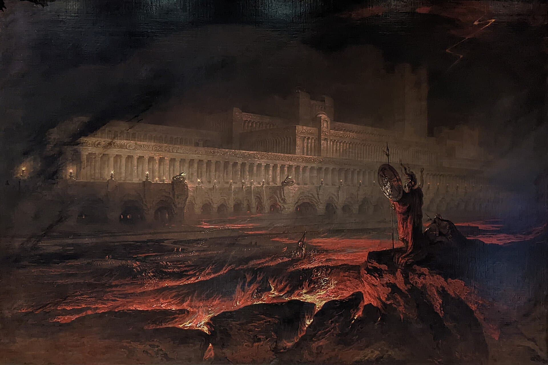 John Martin, Pandemonium, 1841, Luwr w Paryżu - nad jeziorem płynnego ognia wznosi się kolosalny pałac o długiej, regularnej kolumnadzie ciągnącej się przez całą szerokość obrazu, z rzędem zapalonych lamp na tarasie i arkadami u dołu; na skalnym cyplu po prawej stoi Szatan z tarczą i wzniesioną ręką, w dole drobne postacie zbuntowanych aniołów, nad wszystkim czarne niebo z błyskawicą; monumentalny, świeżo wzniesiony porządek, w którym pojedynczy mieszkaniec jest punktem