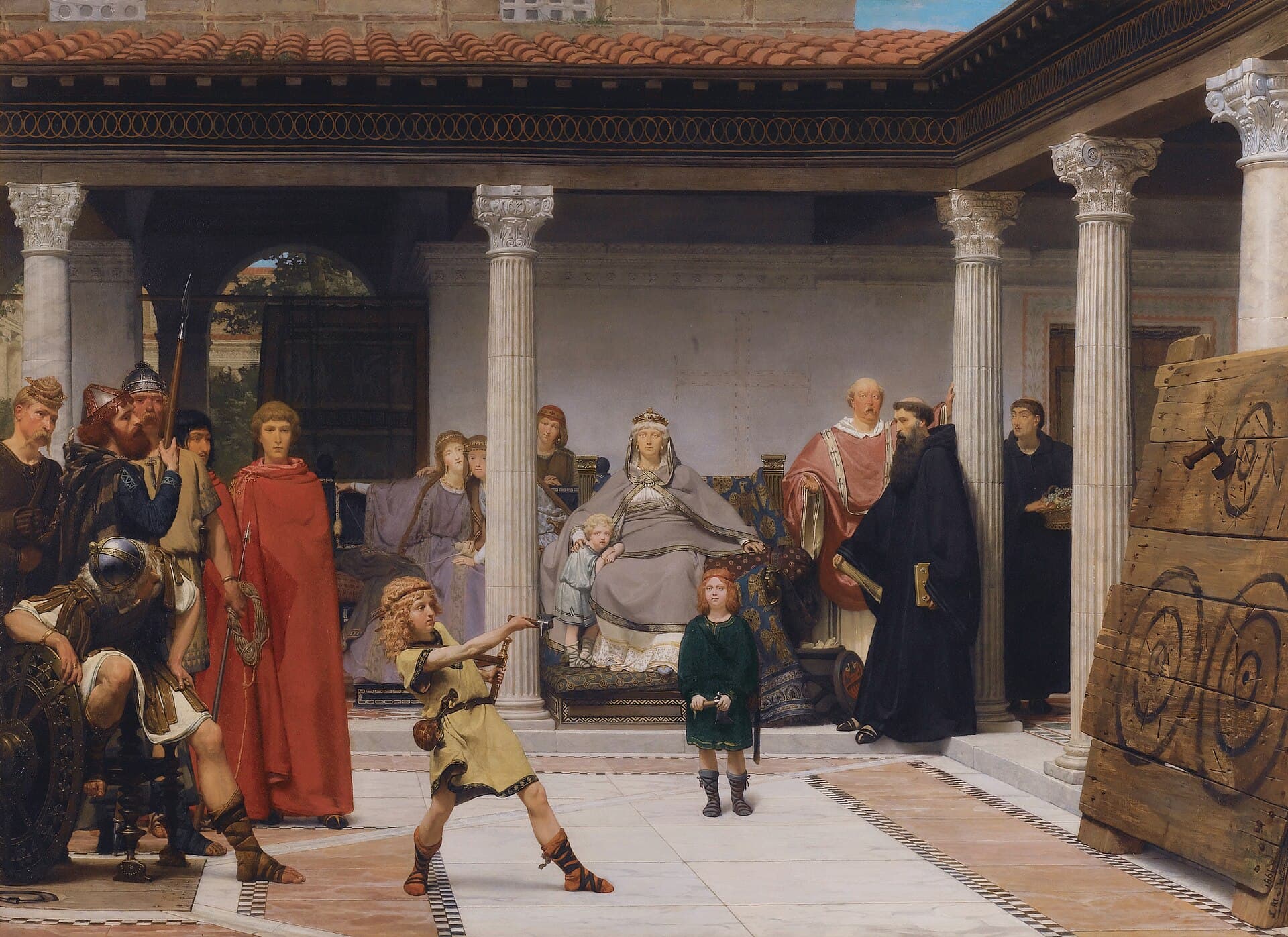 Lawrence Alma-Tadema, Wychowanie dzieci Chlodwiga 1861 - w kolumnadowym dziedzińcu jasnowłosy chłopiec w żółtej tunice zamachuje się i rzuca toporem w wielką drewnianą tarczę pokrytą śladami poprzednich rzutów, drugi chłopiec w zielonej tunice czeka z toporem na swoją kolej; z tronu przygląda się im królowa Klotylda w szarym płaszczu i koronie, z najmłodszym dzieckiem przy kolanach, a wokół stoją zbrojni z włóczniami, damy dworu, biskup i mnich; dziecko ćwiczone na oczach całego dworu