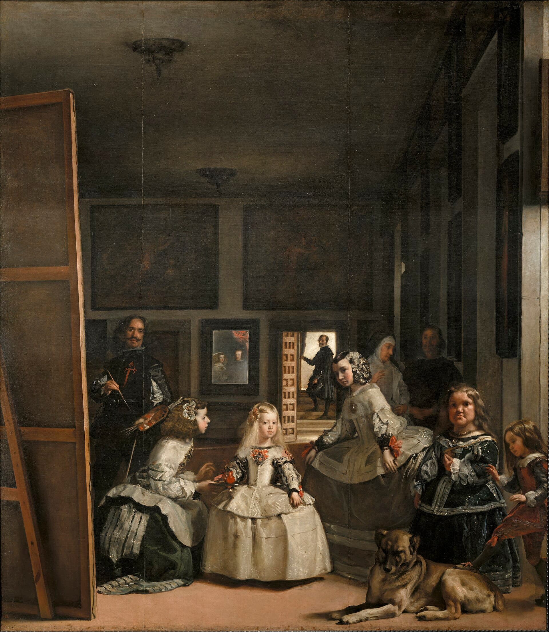 Diego Velázquez, Las Meninas 1656, Museo del Prado - w wysokiej dworskiej sali pięcioletnia infantka w jasnej sukni stoi w centrum, otoczona klęczącą damą dworu, drugą damą, dwojgiem nadwornych karłów z psem, ochmistrzynią i strażnikiem; z boku malarz przy wielkim płótnie, w głębi lustro z odbiciem pary królewskiej; obraz dziecka kształtowanego przez cały dworski aparat