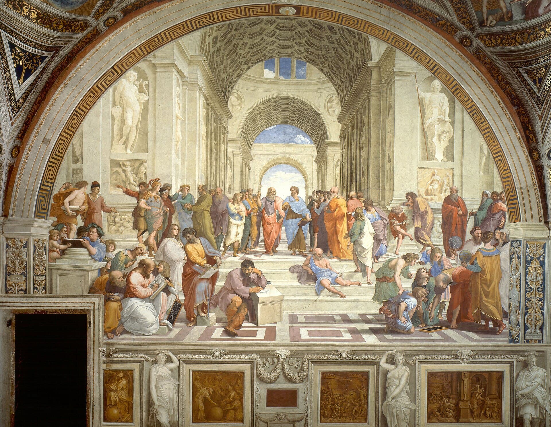 Obraz olejny: obdarty chłopiec w łapciach i przetartym kaftanie stoi w otwartych drzwiach wiejskiej szkoły, oparty ramieniem o futrynę, z kijem i czapką w rękach oraz płóciennym tobołkiem na plecach; w głębi izby gromadka dzieci siedzi w jednej ławce, obok tablica na stojaku, na ścianie mapa, pod sufitem lampa naftowa