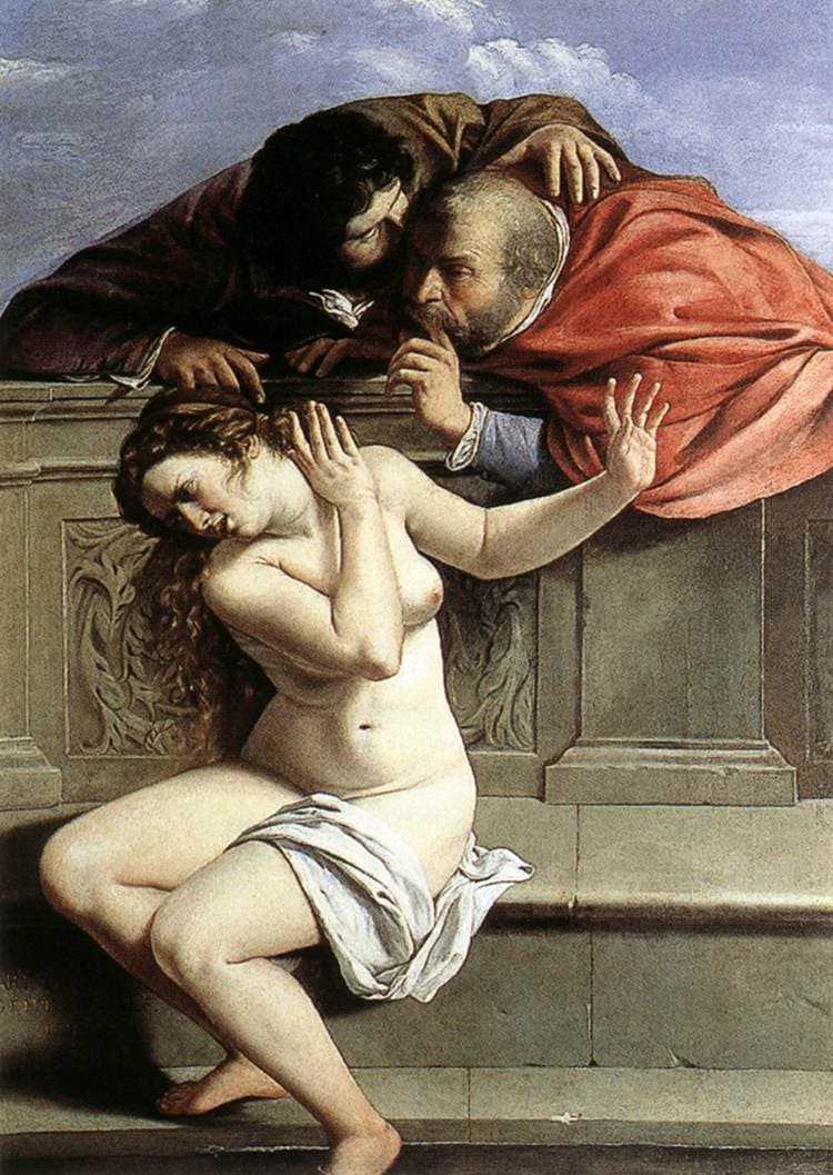 Artemisia Gentileschi, Zuzanna i starcy, ok. 1610, olej na płótnie - barokowa scena: naga, młoda kobieta siedzi przy kamiennej balustradzie, skręcając się i odwracając z odrazą, a tuż nad nią pochyla się dwóch starszych mężczyzn, którzy szepczą i napierają; silny światłocień, napięte gesty, kompozycja oddaje przymus i grozę osaczenia