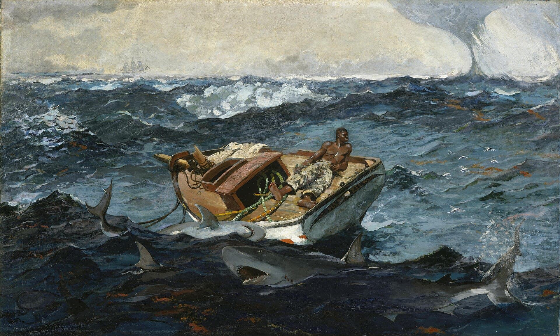 Winslow Homer, Prąd Zatokowy, 1899, Metropolitan Museum of Art w Nowym Jorku - na wzburzonym oceanie dryfuje mała łódź z urwanym masztem i zerwanym takielunkiem; na pokładzie siedzi samotny czarnoskóry żeglarz i patrzy w bok, wokół burty krążą rekiny z otwartymi paszczami, na horyzoncie po lewej majaczy odległy żaglowiec, po prawej wiruje trąba wodna; zagrożenie narastające warstwami