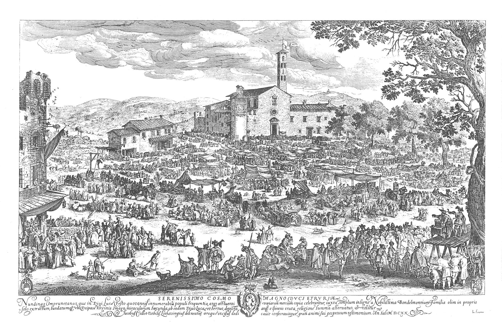 Jacques Callot, Jarmark w Impruneta (La Fiera dell'Impruneta) 1620, akwaforta — rozległy plac przed kościołem z dzwonnicą, rzędy straganów pod płóciennymi daszkami, tłumy ludzi, wozy i konie, po lewej ruina wieży, po prawej drewniany podest z widowiskiem, u dołu ryciny łaciński napis
