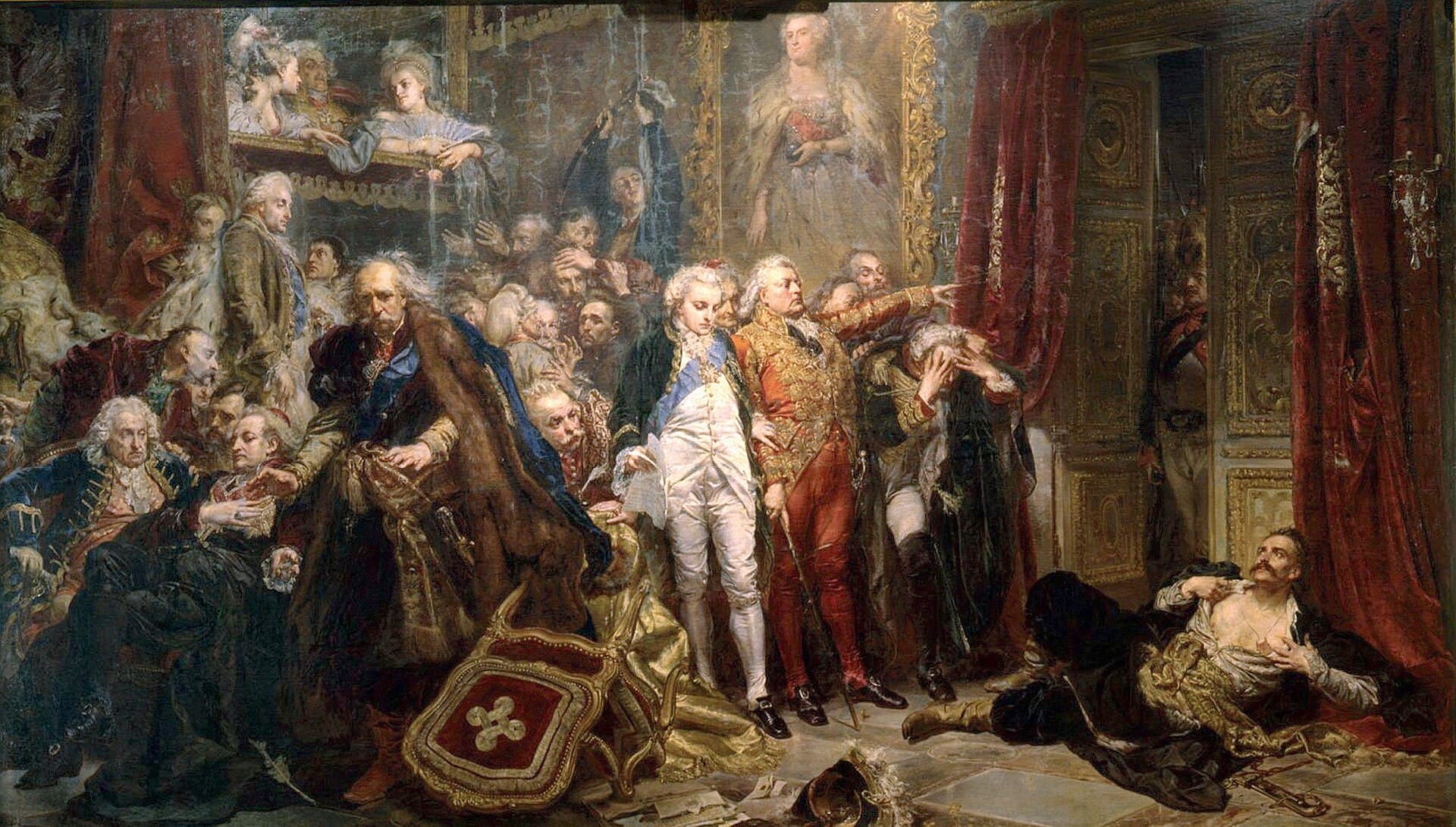 Jan Matejko, Rejtan - upadek Polski 1866, Zamek Królewski w Warszawie - w jasnej sali sejmowej grupa posłów w szlacheckich strojach kłębi się przy drzwiach, a na pierwszym planie po prawej Tadeusz Rejtan rzuca się na podłogę w progu, rozdziera koszulę na piersi i ciałem zagradza wyjście, gdy sejm zatwierdza pierwszy rozbiór; historyczny patos jako obraz prawdy moralnej ponad protokołem