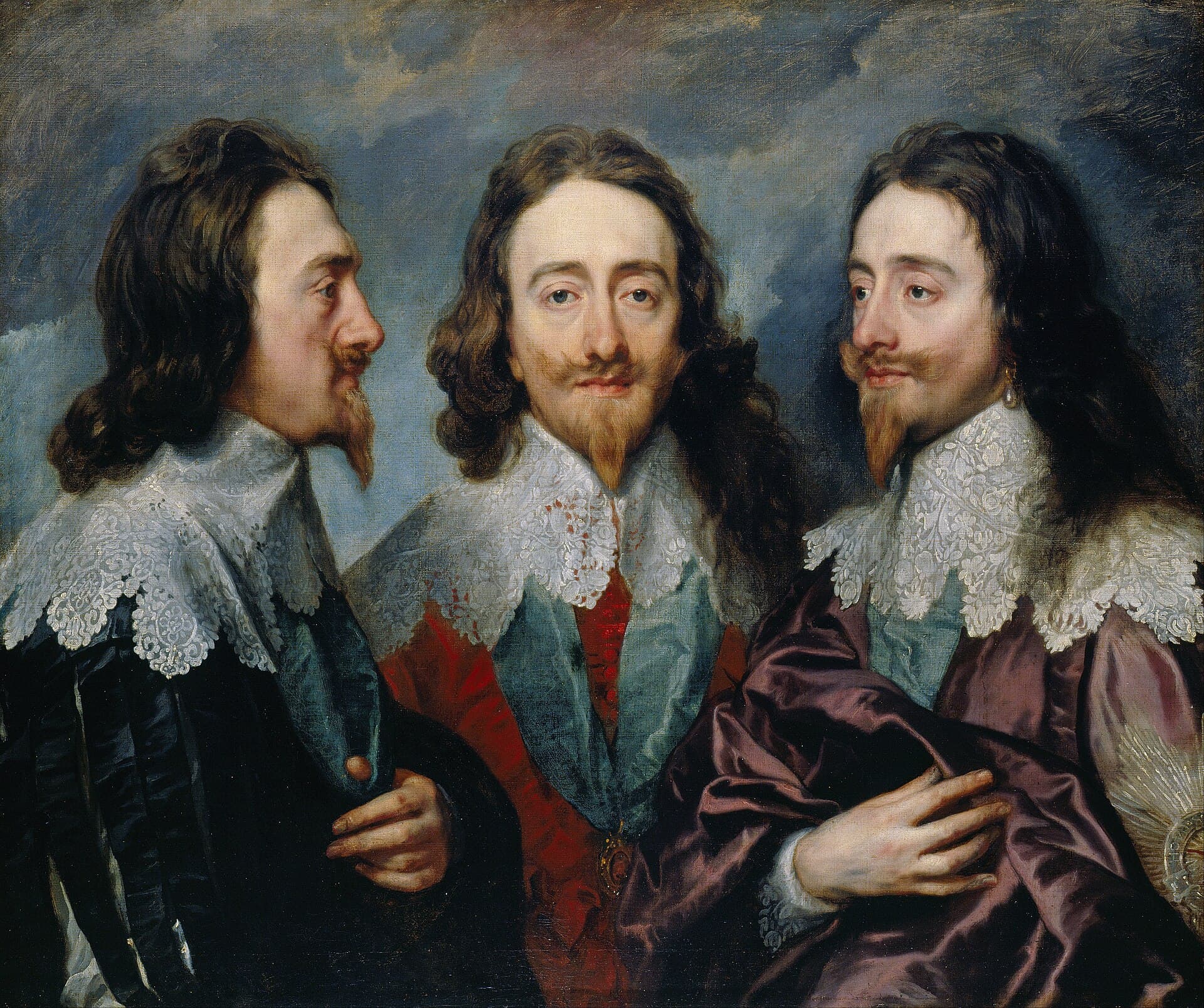 Anthony van Dyck, Karol I w trzech pozycjach 1635-36, Royal Collection — potrójny portret namalowany jako podstawa rzeźby Berniniego, klasyczna wizualna metafora filmu biograficznego