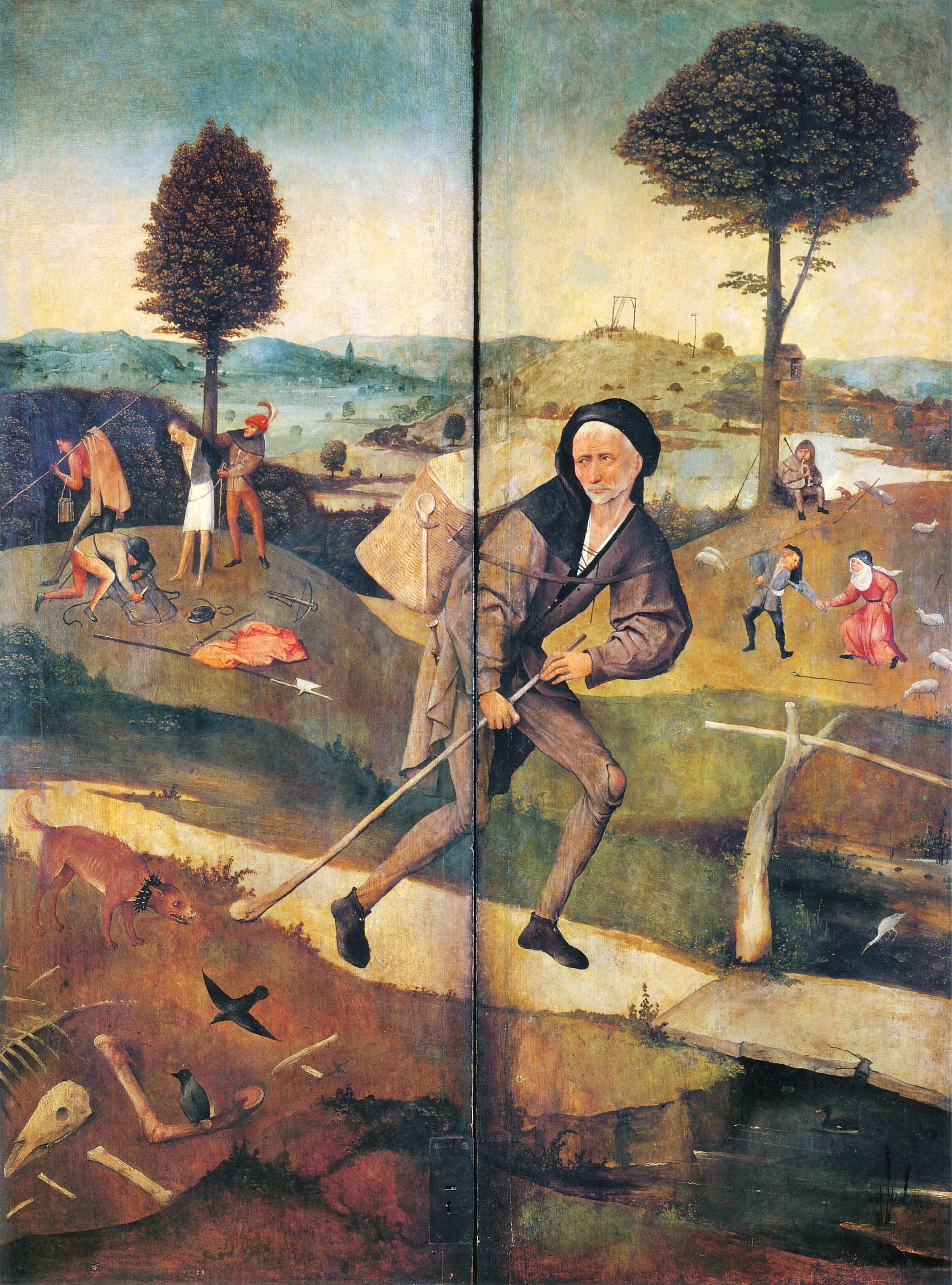 Hieronymus Bosch, Wędrowiec, ok. 1500 — okrągła deska: chudy mężczyzna w znoszonym płaszczu, z koszem na plecach i kijem w ręku, przekracza kładkę i odwraca głowę do tyłu; za nim waląca się chata z podartym dachem, przy jego nodze warczy pies, przed nim furtka i pusta droga