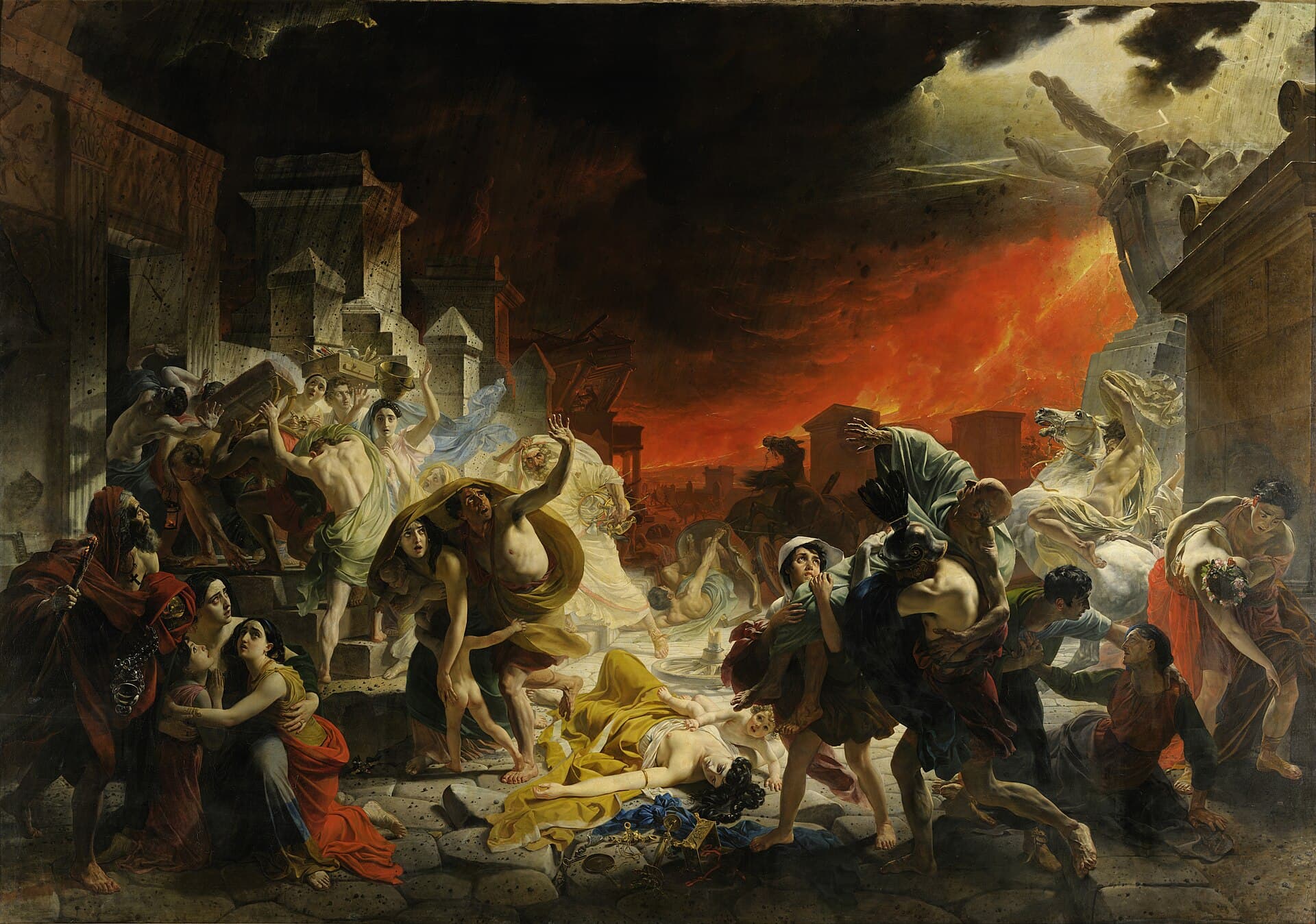 Karl Bryullov, Ostatni dzień Pompejów (1833) — tłum mieszkańców w popłochu pod wybuchającym Wezuwiuszem, matki osłaniają dzieci, syn dźwiga starego ojca