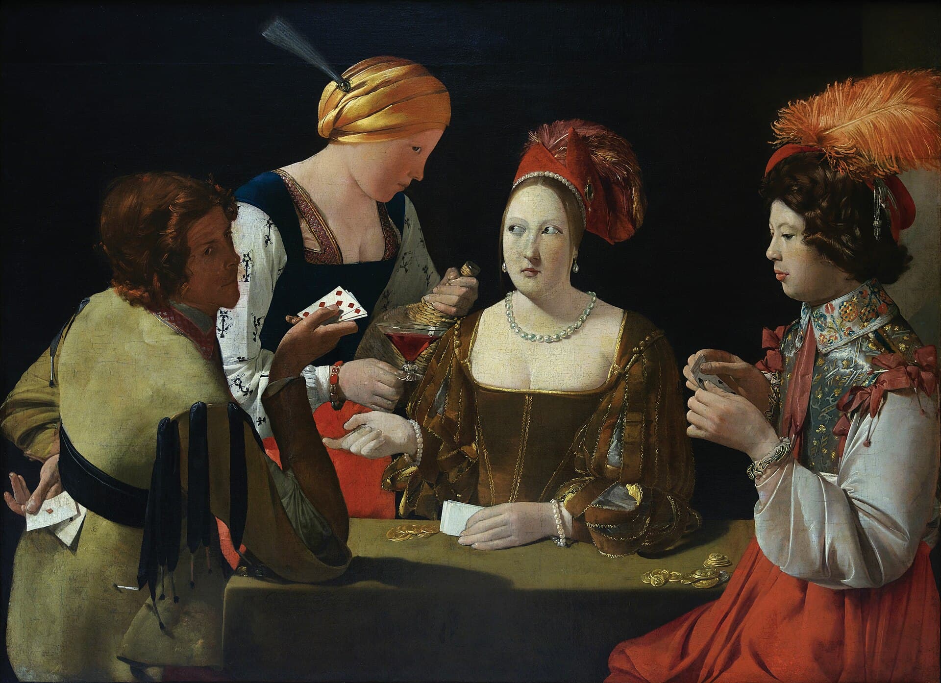 Georges de La Tour, Oszust z asem karo ok. 1635, Luwr — cztery postaci, cztery role w zespole oszustwa: oszust, kurtyzana, służąca, ofiara, klasyczna wizualizacja skoku