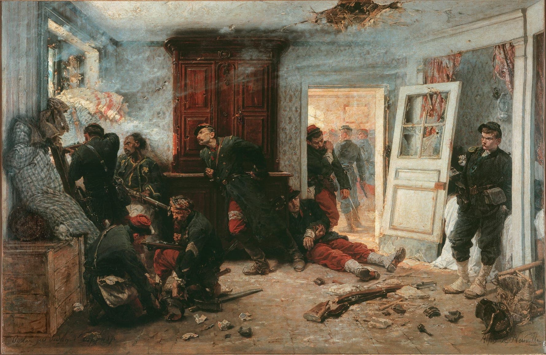 Alphonse de Neuville, Ostatnie naboje (1873) — garstka francuskich żołnierzy broni rozbitego domu pod Bazeilles do ostatniego naboju, konkretne twarze w ciasnej izbie