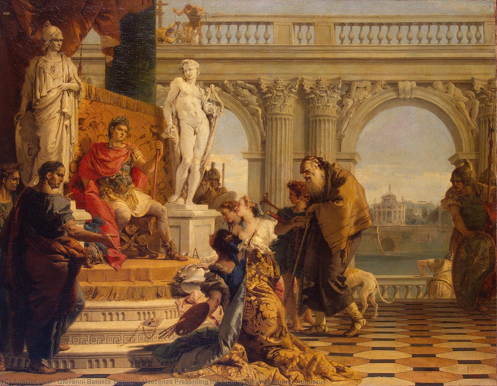 Giovanni Battista Tiepolo, 1743, Ermitaż — pałacowa sala z korynckimi arkadami i posadzką w kolorową szachownicę. Na szczycie kilku marmurowych stopni siedzi na tronie młody władca w zbroi, czerwonym płaszczu i laurowym wieńcu, obok niego biały posąg nagiego młodzieńca z lirą. U stóp schodów klęczą kobiety w złocistych i błękitnych szatach, jedna z paletą i pękiem pędzli u kolan, druga z niewielkim gipsowym modelem w dłoniach, z lewej stoi mężczyzna w błękitnej szacie z ręką wyciągniętą w stronę tronu. Z prawej pochyla się brodaty starzec w ochrowym płaszczu, wsparty na kiju, przy jego nogach biały pies, za arkadą widać rzekę i pałac.