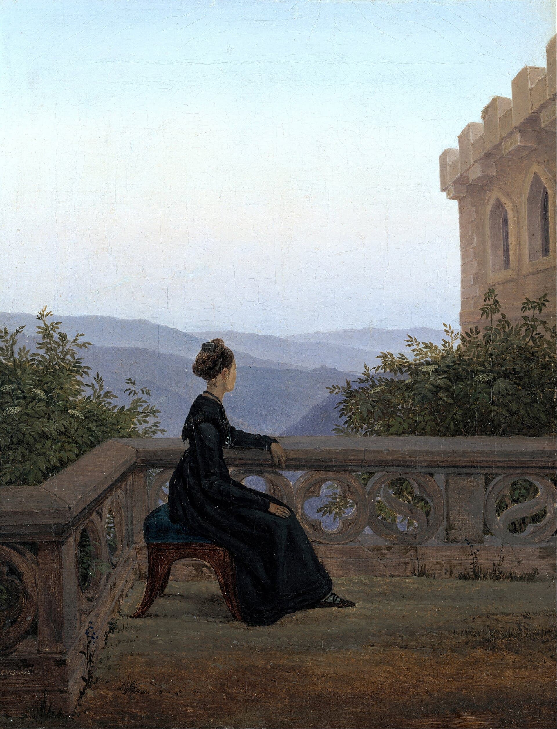 Carl Gustav Carus, Kobieta na balkonie, 1824, olej na płótnie - kobieta w czarnej sukni siedzi na balkonie średniowiecznej budowli, widziana od tyłu, z głową zwróconą ku rozległym, mglistym wzgórzom ginącym w oddali; patrzymy razem z nią, przez jej spojrzenie, na rozciągający się przed nią widok
