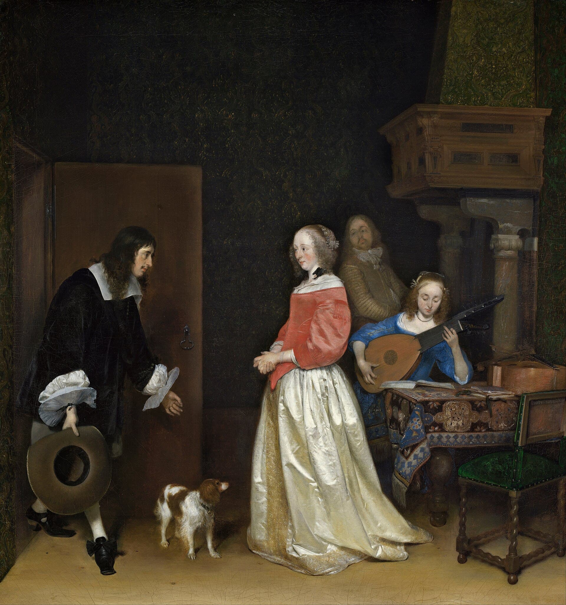 Gerard ter Borch, Zaloty (ok. 1658) - mężczyzna kłania się damie w eleganckim salonie