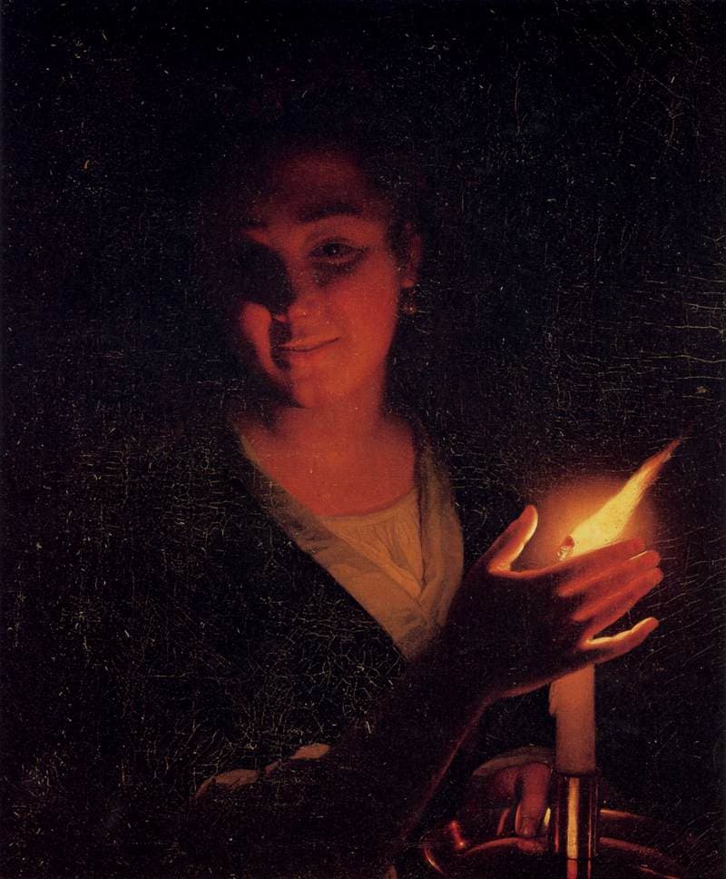 Godfried Schalcken, Dziewczyna ze świecą, ok. 1670 — nocna scena oświetlona jedną świecą: młoda kobieta osłania jej ogień dłonią tak, że palce prześwitują na czerwono, drugą ręką trzyma lichtarz przy dolnej krawędzi obrazu, uśmiecha się i patrzy w bok, poza kadr, a całe tło tonie w czerni