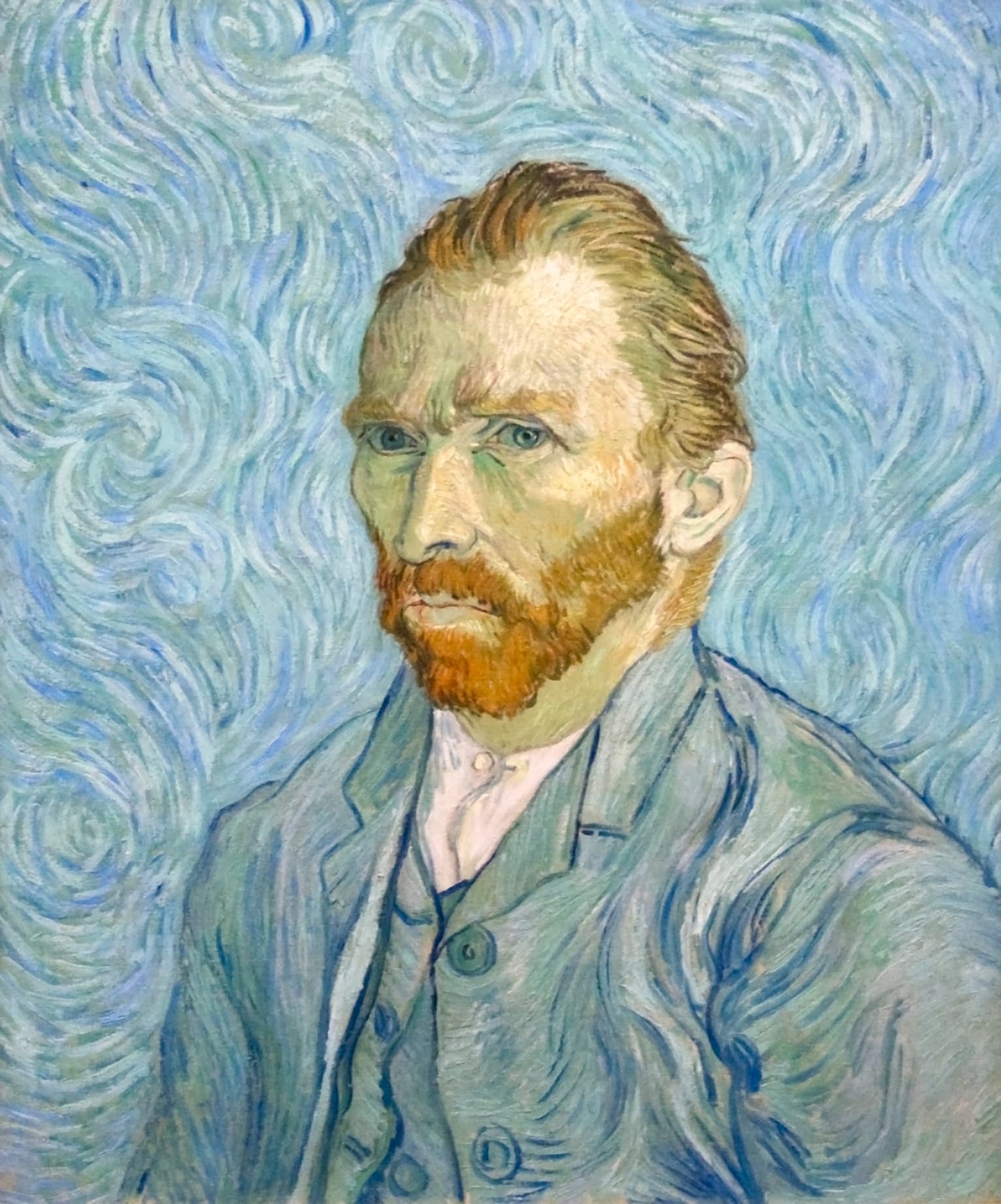 Vincent van Gogh, Autoportret, wrzesień 1889, Musée d'Orsay - popiersie malarza w bladobłękitnej marynarce na tle wirujących, falujących smug w tych samych chłodnych, błękitno-zielonych tonach; twarz o skupionym, przeszywającym spojrzeniu, ruda broda i włosy; cała powierzchnia zbudowana z rytmicznych, drżących, dobrze widocznych pociągnięć pędzla, które są natychmiast rozpoznawalnym znakiem ręki artysty