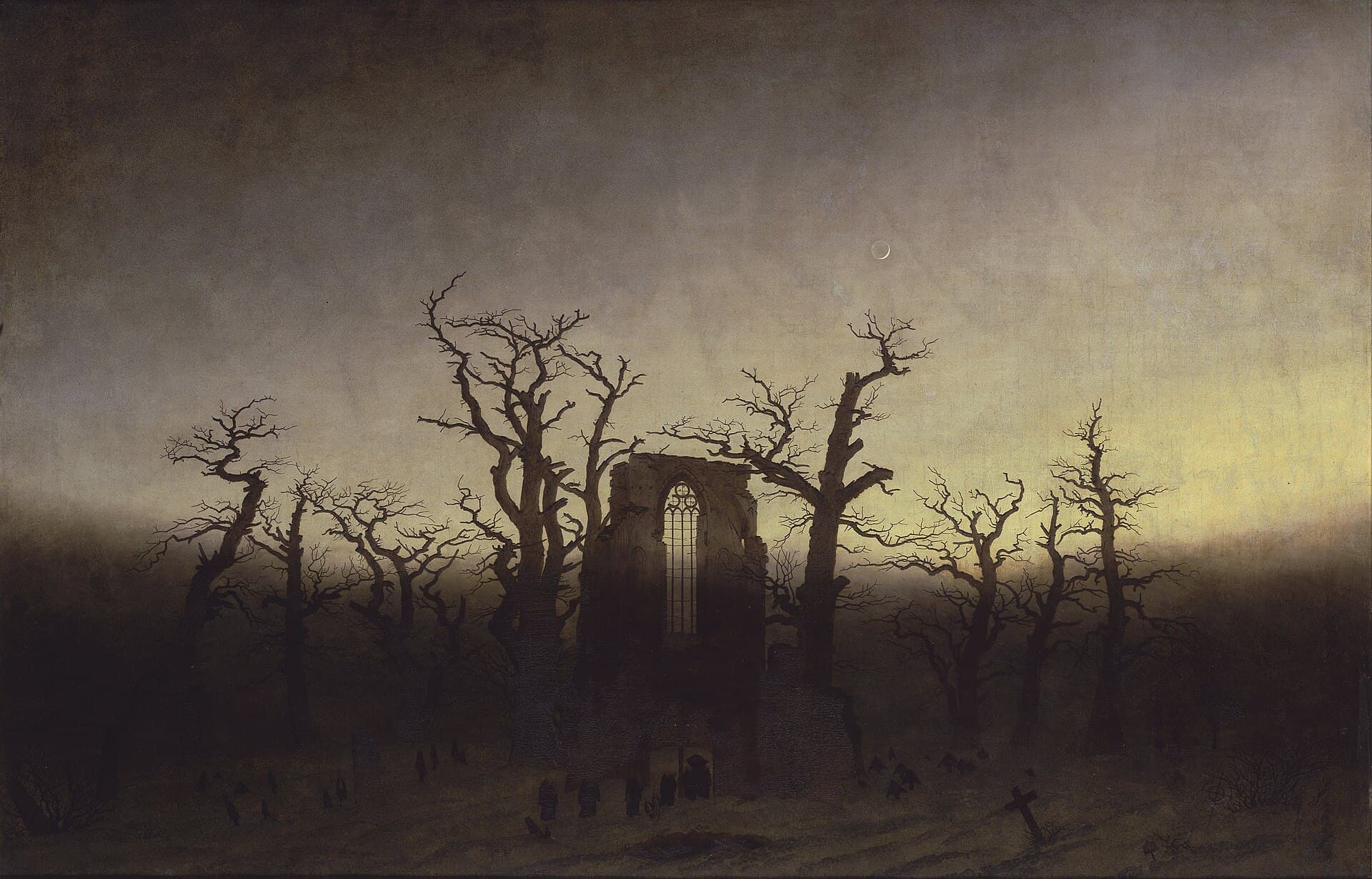 Caspar David Friedrich, „Opactwo w dąbrowie” (1809–1810) — ruina gotyckiej świątyni pośród nagich, poskręcanych dębów; u jej stóp, w śniegu i mgle, rząd grobów i drobne postacie niosące trumnę ku wyłamanej bramie.