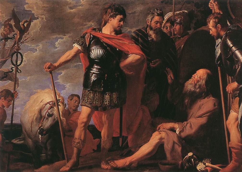 Gaspar de Crayer, Aleksander i Diogenes, XVII wiek, olej - Aleksander Wielki w zbroi i z licznym orszakiem staje nad obdartym filozofem Diogenesem, który półleży na ziemi z bosymi nogami wyciągniętymi niemal pod stopy władcy i tylko unosi ku niemu wzrok, a obok w pyle stoi jego cały dobytek, prosta miska; mimo ogromnej różnicy rangi to filozof zachowuje pełen spokój i przewagę, a potężny król wydaje się onieśmielony