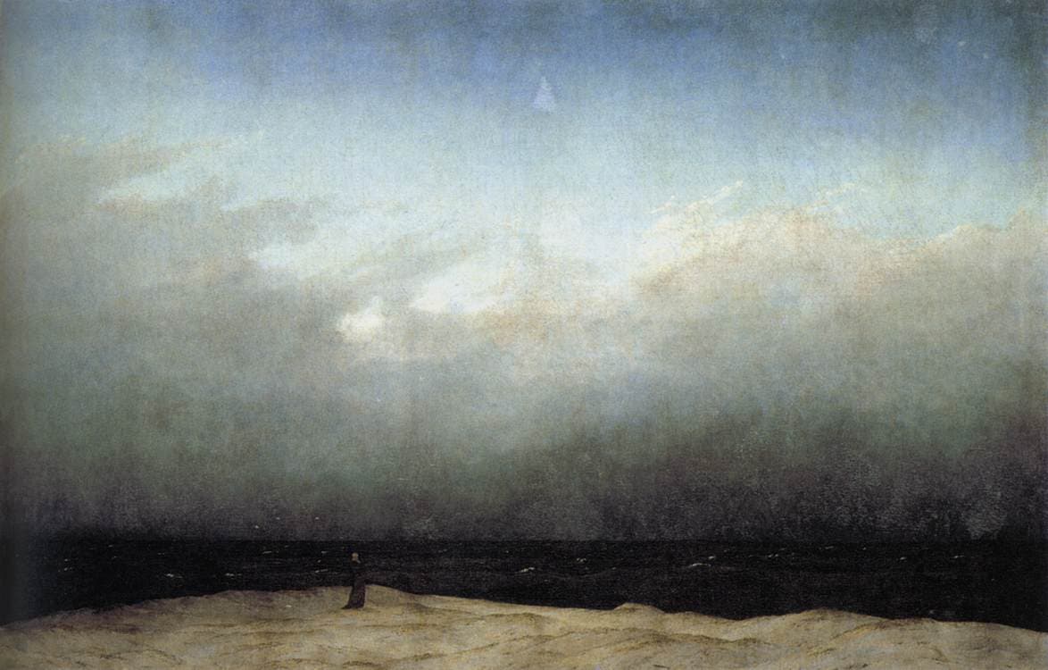 Caspar David Friedrich, Mnich nad morzem, 1808-1810, Alte Nationalgalerie w Berlinie - niemal całą powierzchnię obrazu wypełnia ogrom ciemnego, pustego morza i przytłaczające, mętne niebo, a na wąskim skrawku jasnej wydmy u dołu stoi samotna, maleńka postać mnicha w habicie, odwrócona ku bezmiarowi i skurczona do drobiny; pustka bez granic i punktu zaczepienia