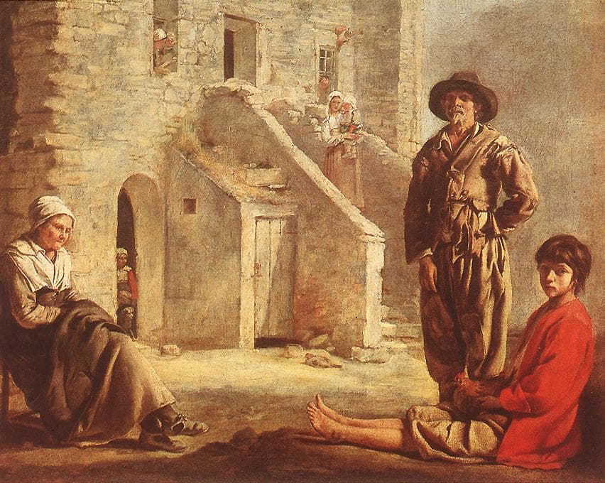 Bracia Le Nain, Wieśniacy przed swoją chatą, ok. 1640, olej - surowa, oszczędna w barwach scena rodzajowa: chłopska rodzina, od dzieci po starszych, zebrana u progu swojej skromnej chaty; spokojne, poważne twarze i proste odzienie, postacie mocno osadzone w wiejskim, ludowym świecie, bez idealizacji i bez drwiny
