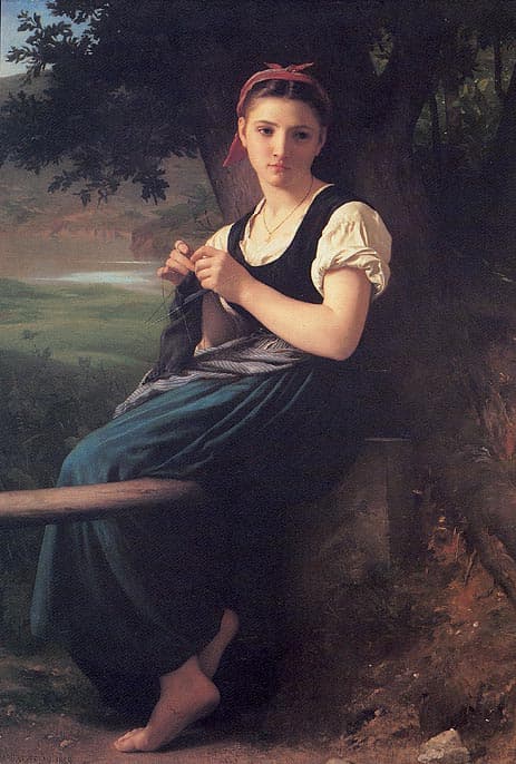 William-Adolphe Bouguereau, La Tricoteuse (Robiąca na drutach), 1869 — dziewczyna cierpliwie, regularnie robi na drutach