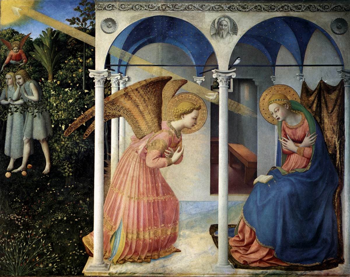 Fra Angelico, Zwiastowanie (lata 20. XV w.) — anioł Gabriel staje przed Marią pod portykiem i obwieszcza wieść, która odmienia wszystko