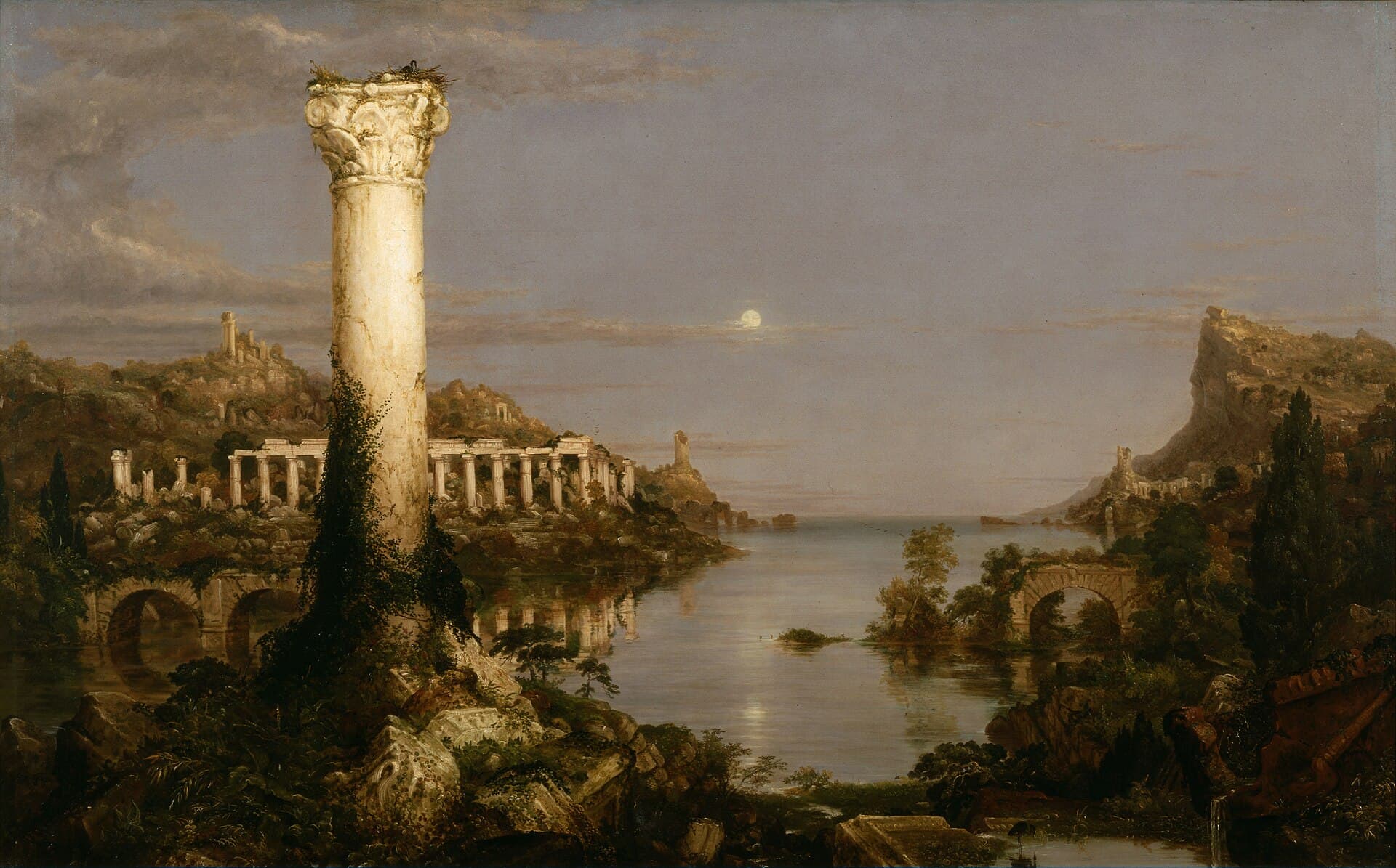 Thomas Cole, Spustoszenie 1836 z cyklu Dzieje imperium - o zmierzchu nad spokojną zatoką stoi samotna koryncka kolumna z ptasim gniazdem na głowicy, w tle rozbita kolumnada i resztki zawalonego mostu, nad wodą wschodzi księżyc, nigdzie nie widać ludzi