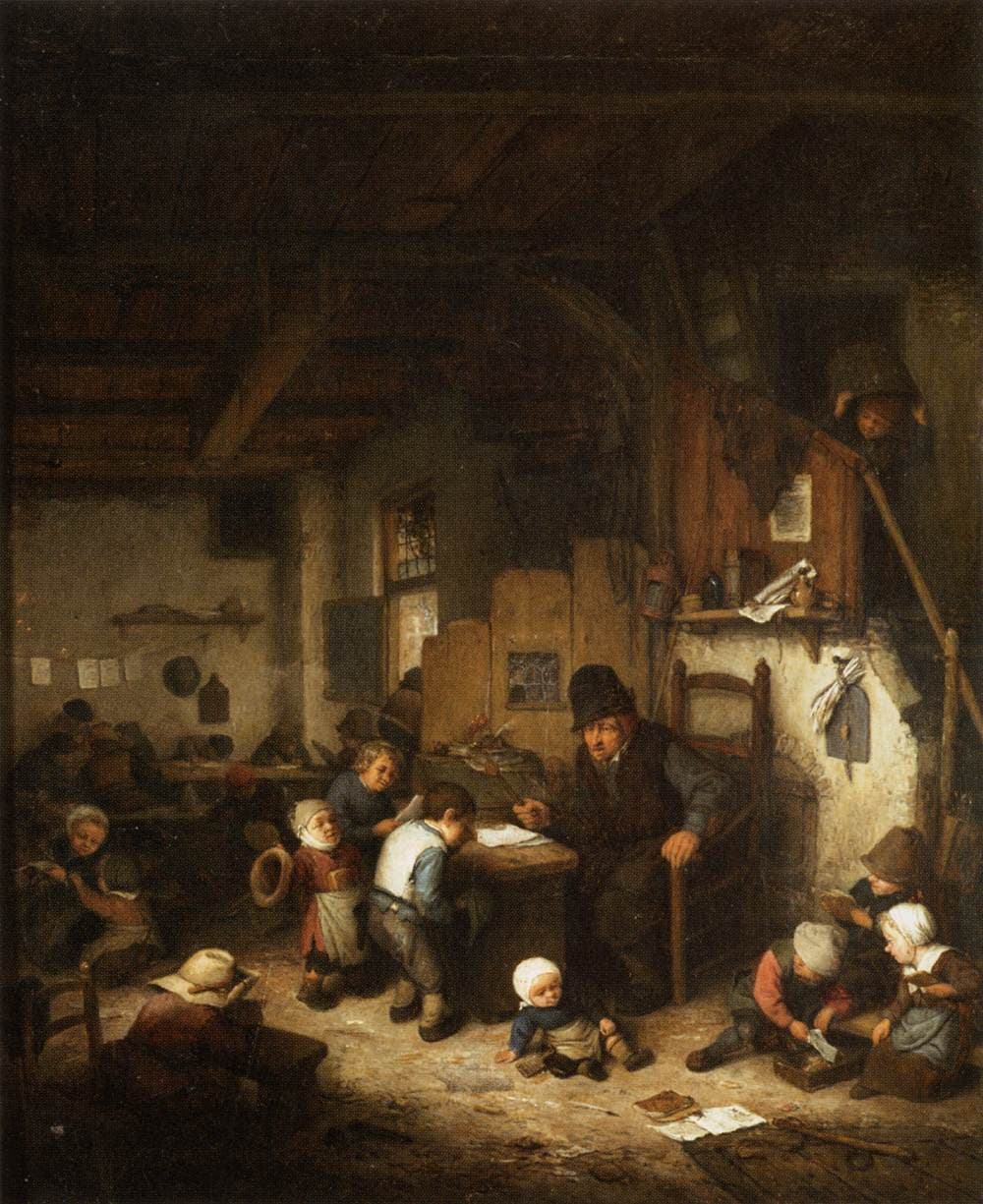 Adriaen van Ostade, Bakałarz, 1662 — ciemna izba z belkowanym stropem i klepiskiem, oświetlona wąskim okienkiem z lewej. Przy niskim stole siedzi mężczyzna w czarnym kapeluszu, przed nim pochyla się chłopiec w białej koszuli, po klepisku rozsypano książki i luźne kartki, między którymi bawią się mniejsze dzieci, a z góry, zza drewnianej przegrody, zagląda do izby czyjaś głowa.