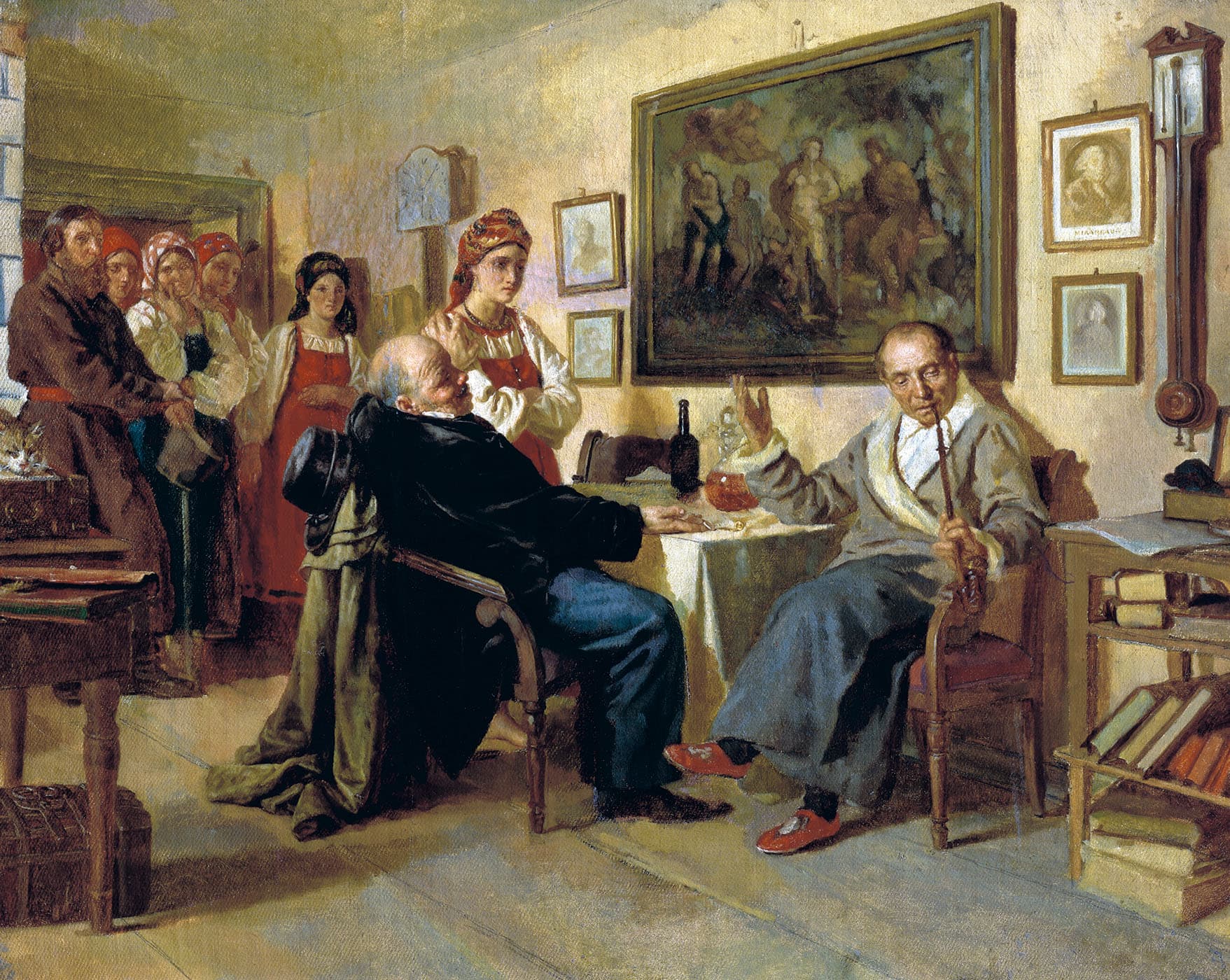 Nikołaj Niewriew, Targ. Scena z życia pańszczyźnianego, 1866, Galeria Trietiakowska w Moskwie — w dworskim pokoju dwaj ziemianie dobijają targu: siedzący w fotelu kupujący z długą fajką unosi rękę, jakby podawał cenę, naprzeciw niego rozparty sprzedający, a między nimi stolik z pieniędzmi i butelką; za plecami sprzedającego stoi młoda kobieta w czerwonym stroju, o którą toczy się rozmowa, i nikt się do niej nie zwraca, a w drzwiach czeka zbita grupka służby