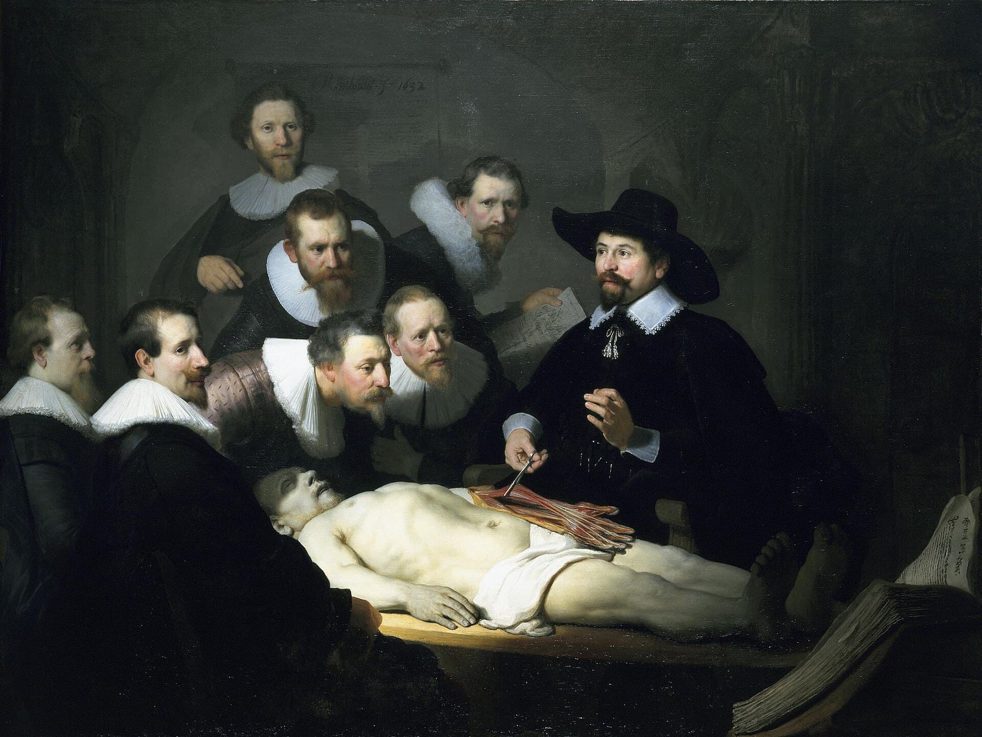 Rembrandt, Lekcja anatomii doktora Tulpa 1632 — klasyczna scena dialogu grupowego, każda postać reaguje inaczej, hierarchia mówiącego i słuchaczy