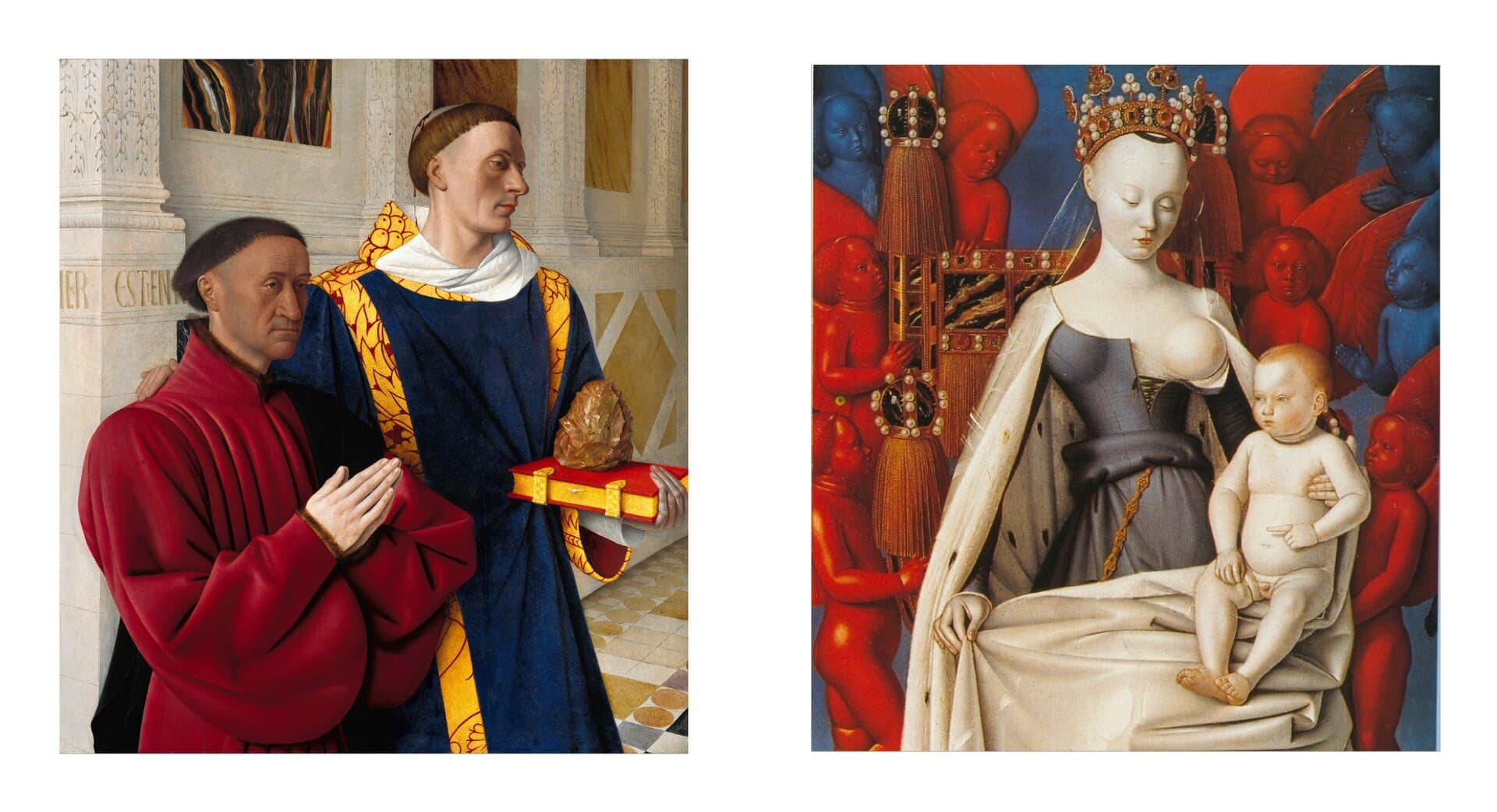 Jean Fouquet, Dyptyk z Melun (ok. 1452–1460) — dwie kwadratowe tablice zestawione obok siebie. Na lewej mężczyzna w czerwonej szacie trzyma dłonie złożone do modlitwy, a stojący za nim młody święty z tonsurą, w niebiesko-złotej dalmatyce, podaje czerwoną księgę z leżącym na niej kamieniem; na prawej kobieta o kredowej cerze, w wysadzanej perłami koronie, siedzi z nagim niemowlęciem na kolanie, ciasno otoczona skrzydlatymi postaciami o cynobrowej i błękitnej skórze.