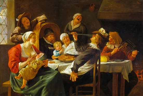 Jan Steen, Wieczór Trzech Króli („Król pije”), lata 70. XVII w. - ciemne wnętrze mieszkalne oświetlone świecami, przy jednym stole ściśnięci ludzie w każdym wieku, od małych dzieci po starców; pośrodku mężczyzna z uniesionym kielichem, wokół niego reszta towarzystwa w ruchu, wśród naczyń i resztek posiłku, część twarzy zwrócona ku niemu, część ku sobie nawzajem