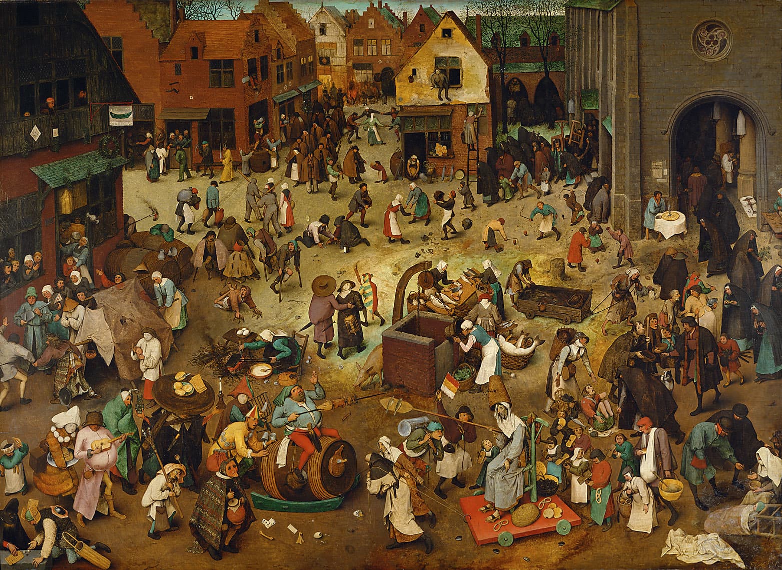 Pieter Bruegel starszy, Walka karnawału z postem 1559, Kunsthistorisches Museum - zatłoczony miejski plac, w którym tłusta postać karnawału na beczce z rożnem pieczeni ściera się z chudą postacią postu na wózku ze śledziami; alegoryczny obraz dorocznego rytmu świąt, uczty i wstrzemięźliwości
