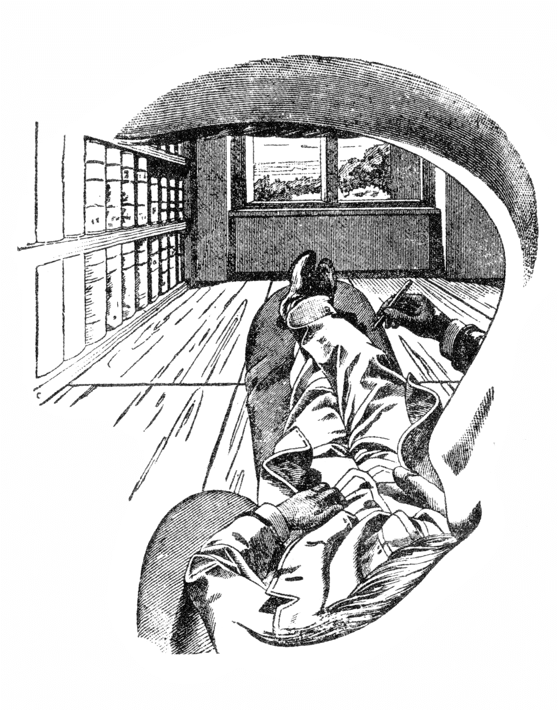 Ernst Mach, Widok z lewego oka, 1886 - autoportret od wewnątrz: brew, nos i wąs tworzą ramę widoku na własne ciało i pokój