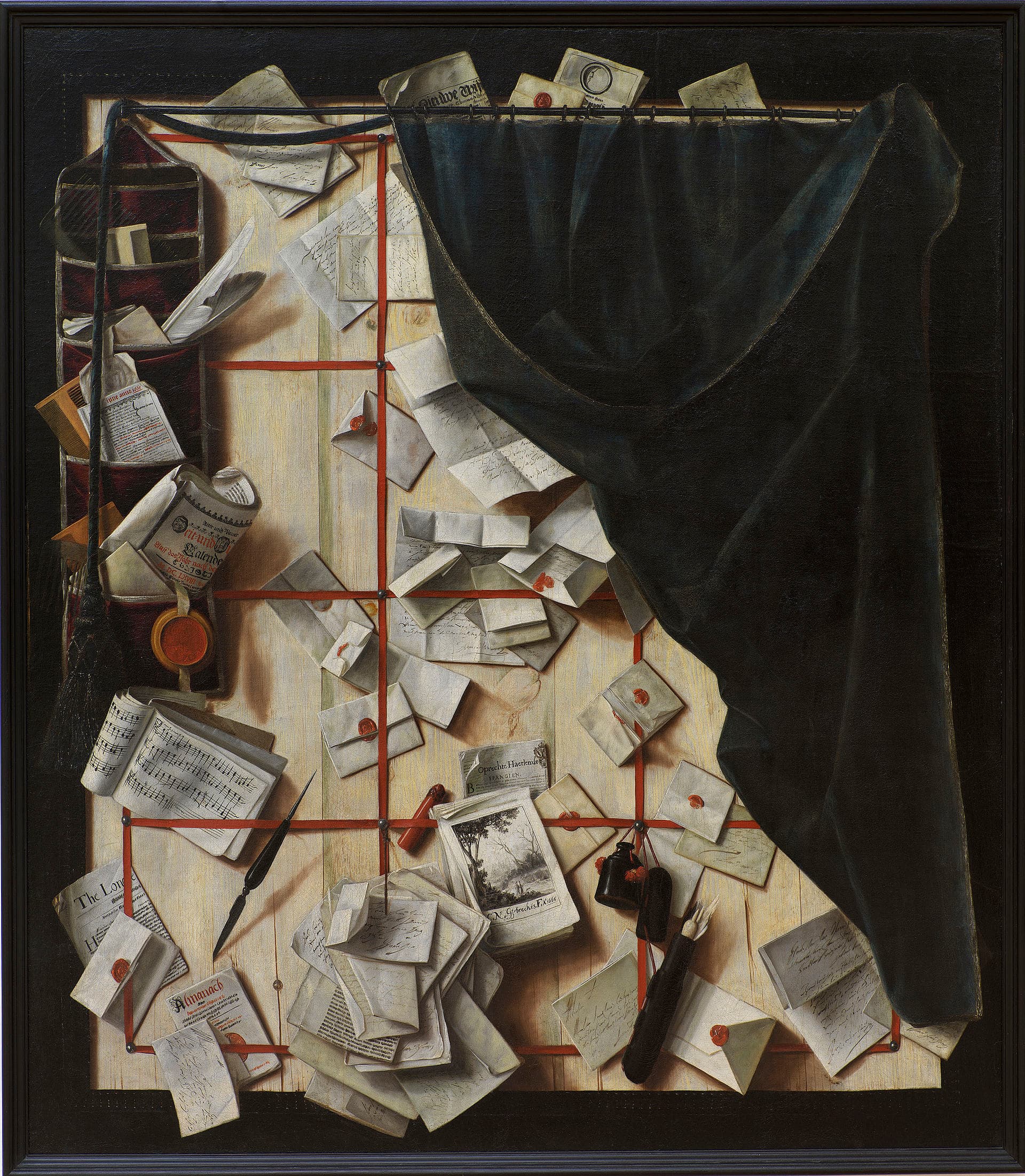 Cornelis Norbertus Gysbrechts, Trompe-l'oeil z tablicą na listy i nutami, 1668 — namalowana ścianka z pionowych, jasnych desek, przepasana kratą czerwonych taśm przybitych gwoździkami, spod których sterczą dziesiątki papierów z czerwonymi pieczęciami lakowymi. W dolnej części wiszą na sznurkach ciemny nóż z drewnianą rękojeścią i pęk gęsich piór, a obok tkwi kartka z drobnym pejzażem, podpisana nazwiskiem malarza i datą.