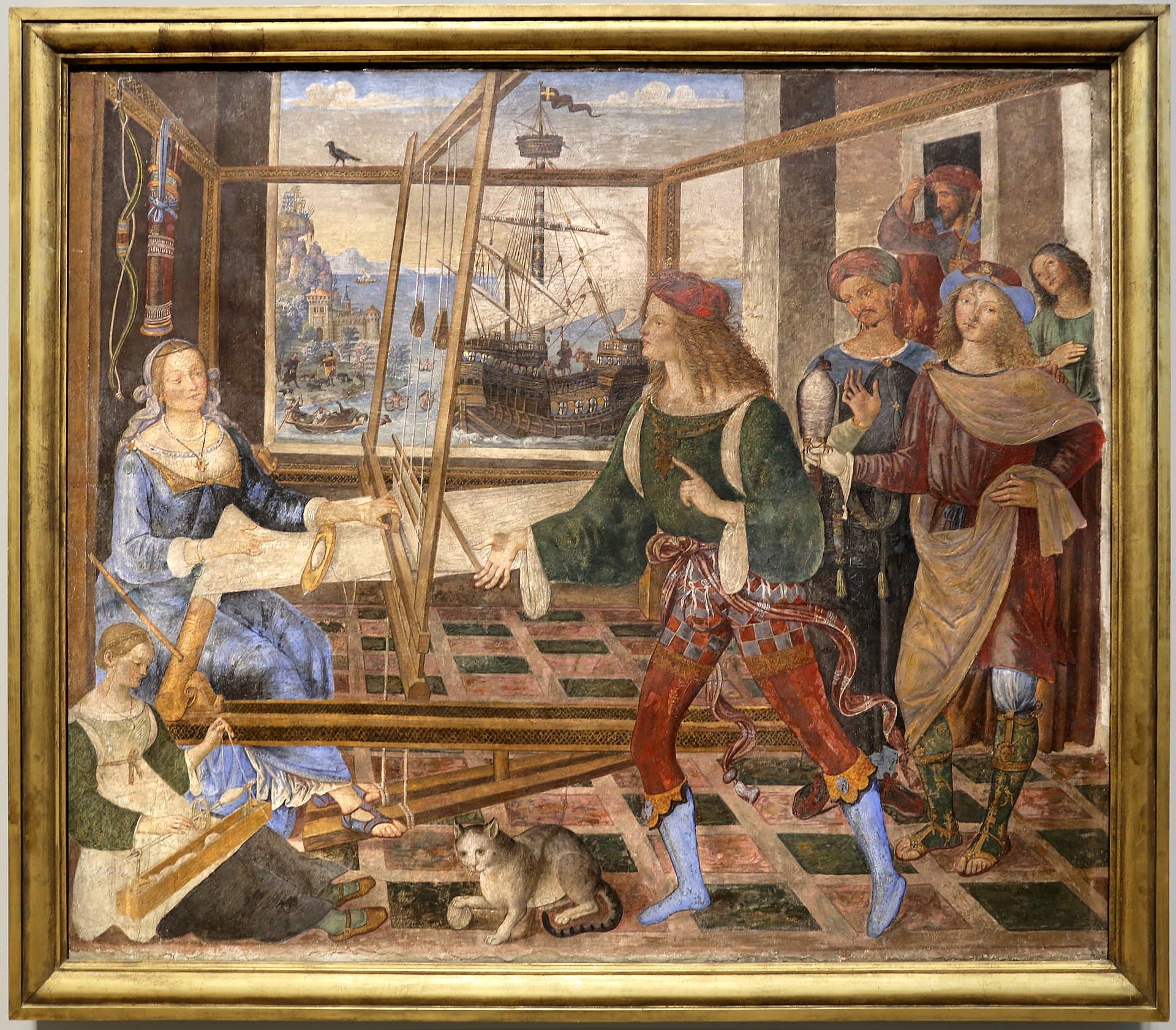 Pinturicchio, Penelopa i zalotnicy (fresk z Palazzo del Magnifico w Sienie), ok. 1509, National Gallery w Londynie - Penelopa siedzi przy wysokim, pionowym krośnie tkackim, na którym widać rozpoczęty całun; po lewej ciśnie się grupa zalotników, na ścianie wisi łuk Odyseusza, u stóp kotek bawi się kłębkiem wełny, a przez okno w głębi widać statek na morzu; kobieta tka całun, który co noc skrycie pruła, by nigdy go nie ukończyć